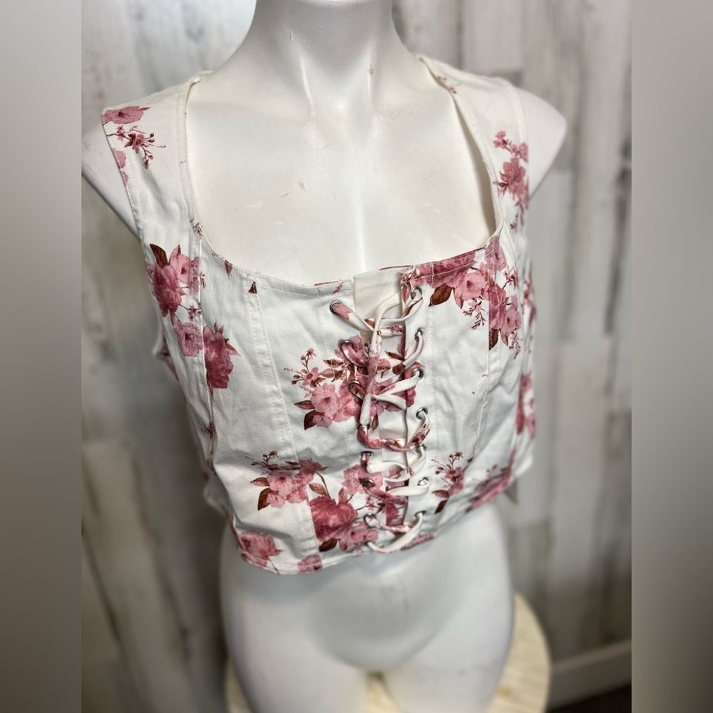 Other Blashe Floral Lace-Up Corset Crop Top XL White Pink Sleevele Size XL / US 12-14 / IT 48-50 - 3 Thumbnail