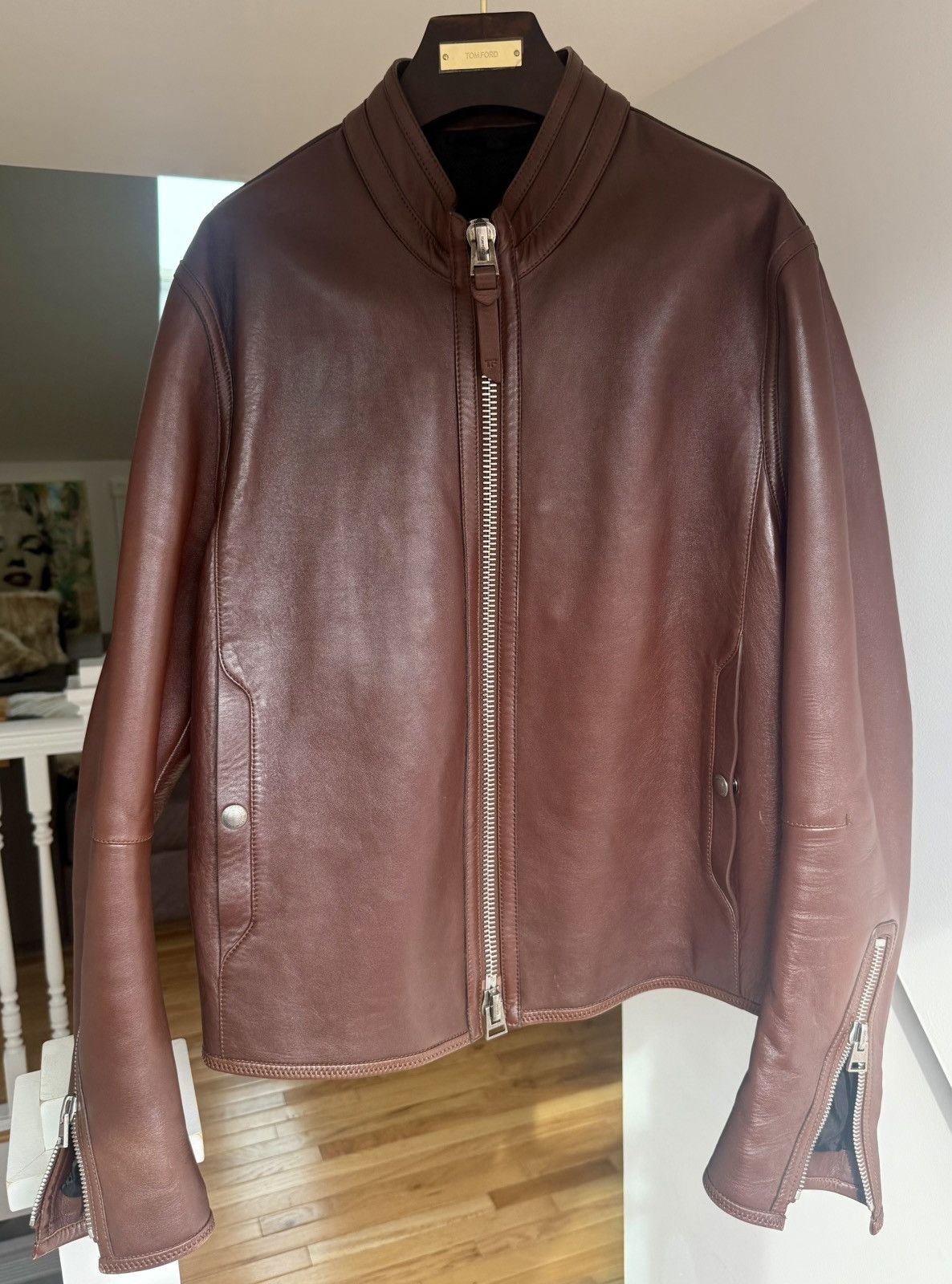 Tom Ford Tom Ford Plongé Leather Racer Jacket TFL717-BU401 Brown Size US XXL / EU 58 / 5 - 5 Thumbnail