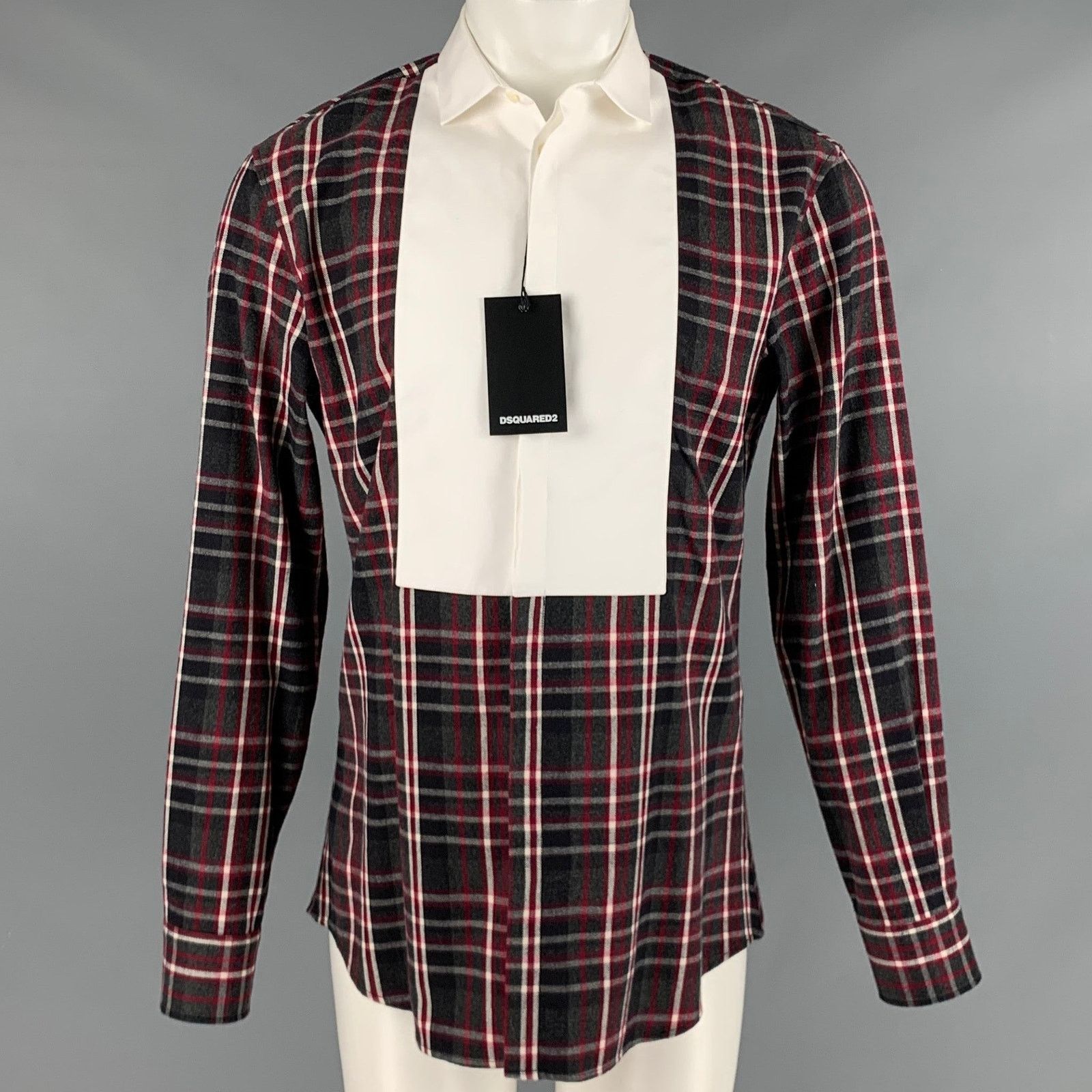 Dsquared2 Size S Grey Black Red Plaid Cotton Tuxedo Long Sleeve Shirt Size 48R - 1 Thumbnail