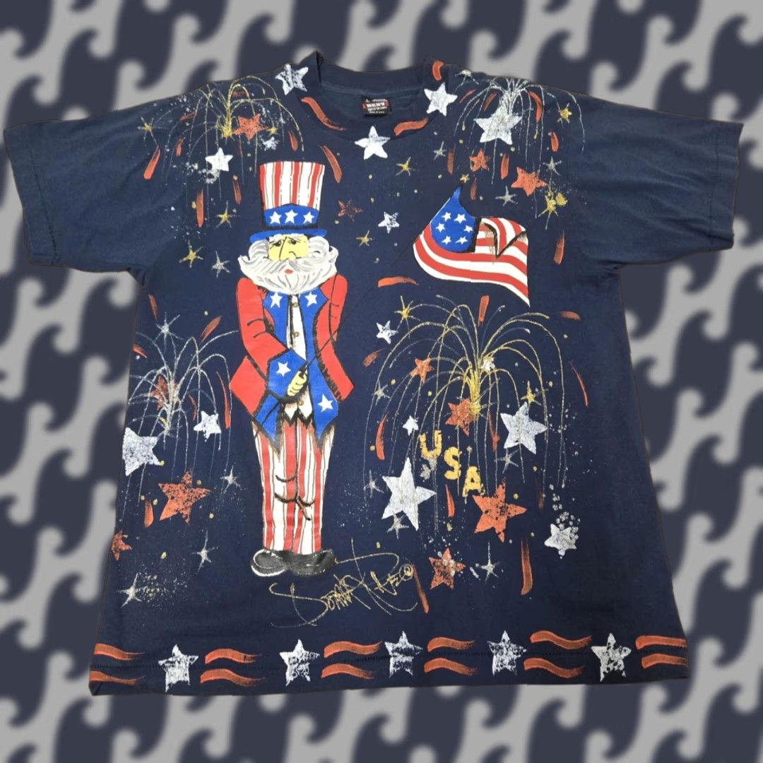 Fruit Of The Loom VINTAGE Uncle Sam Graphic Shirt Mens Large Blue USA Fireworks 4th July 90s Size US L / EU 52-54 / 3 - 1 Thumbnail