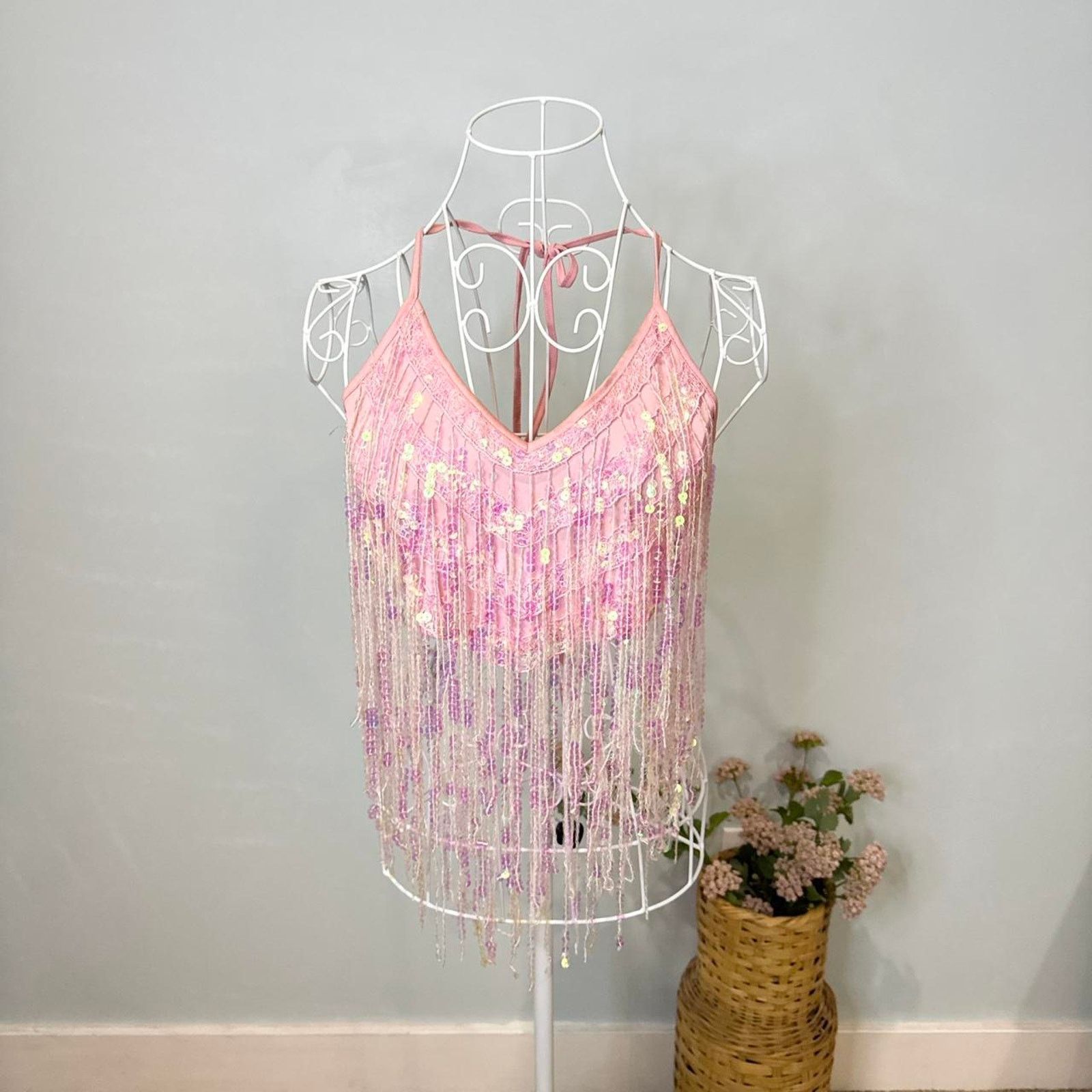 Pink vintage 90s y2k sparkly sequin beaded fringe halter top