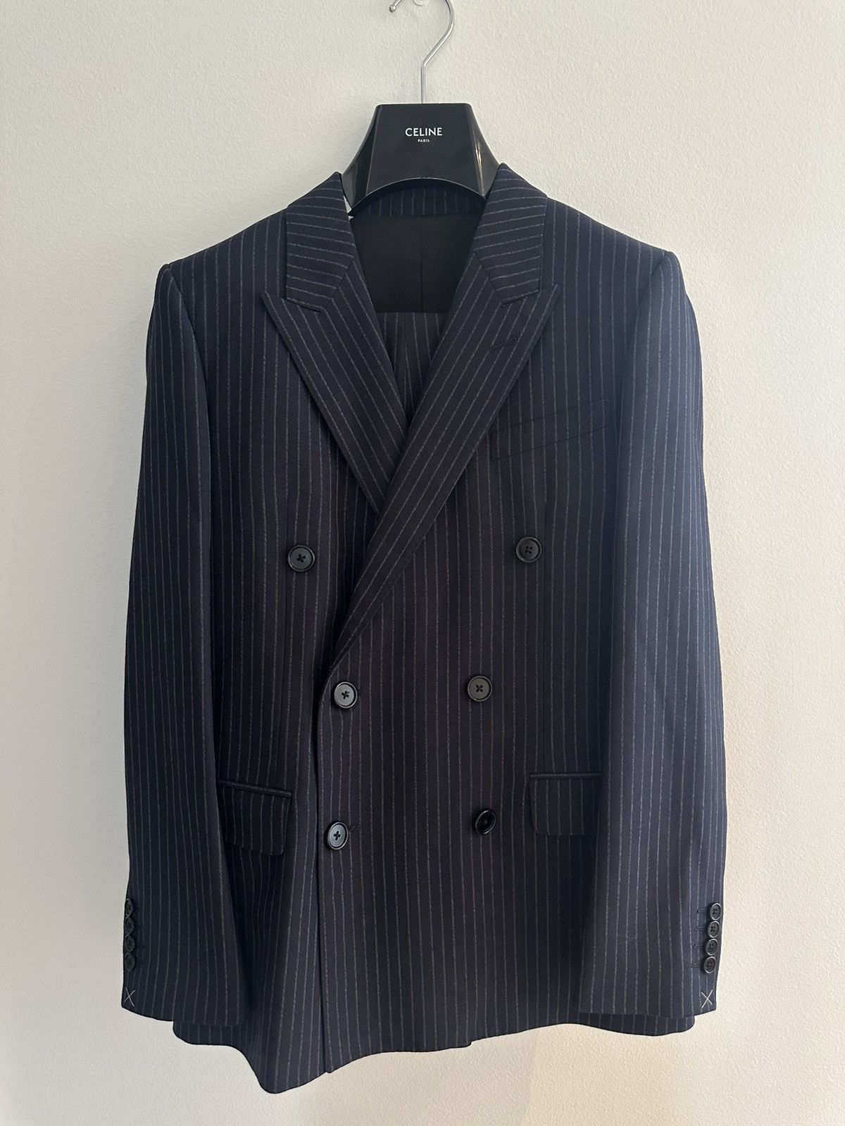 Celine × Hedi Slimane 22SS Double Breasted Navy Chalk Stripe Suit Wool Rectangle Size 44R - 2 Thumbnail