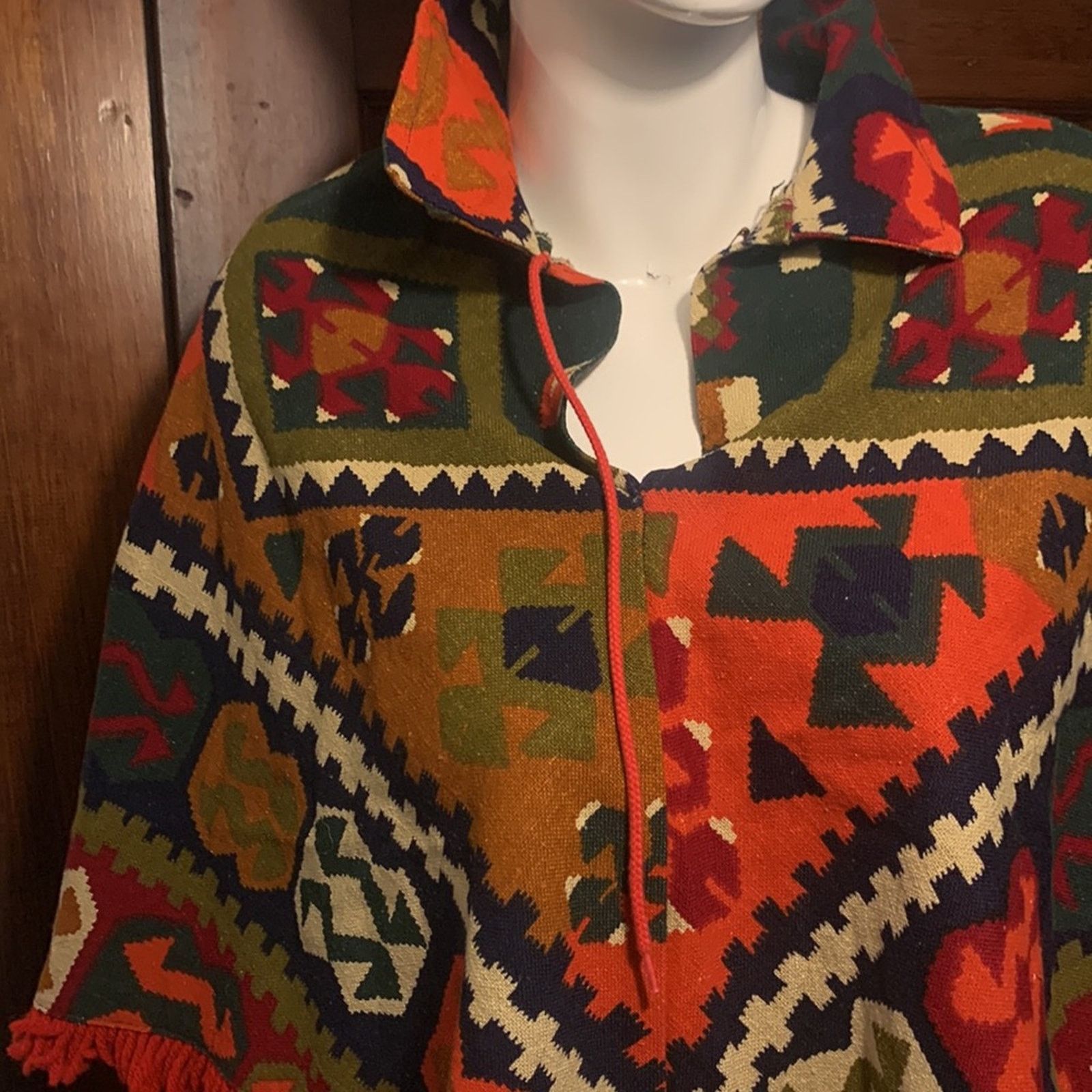Vintage 70's Boho Aztec tribal poncho native ethnic serape fringed Size L / US 10 / IT 46 - 2 Thumbnail