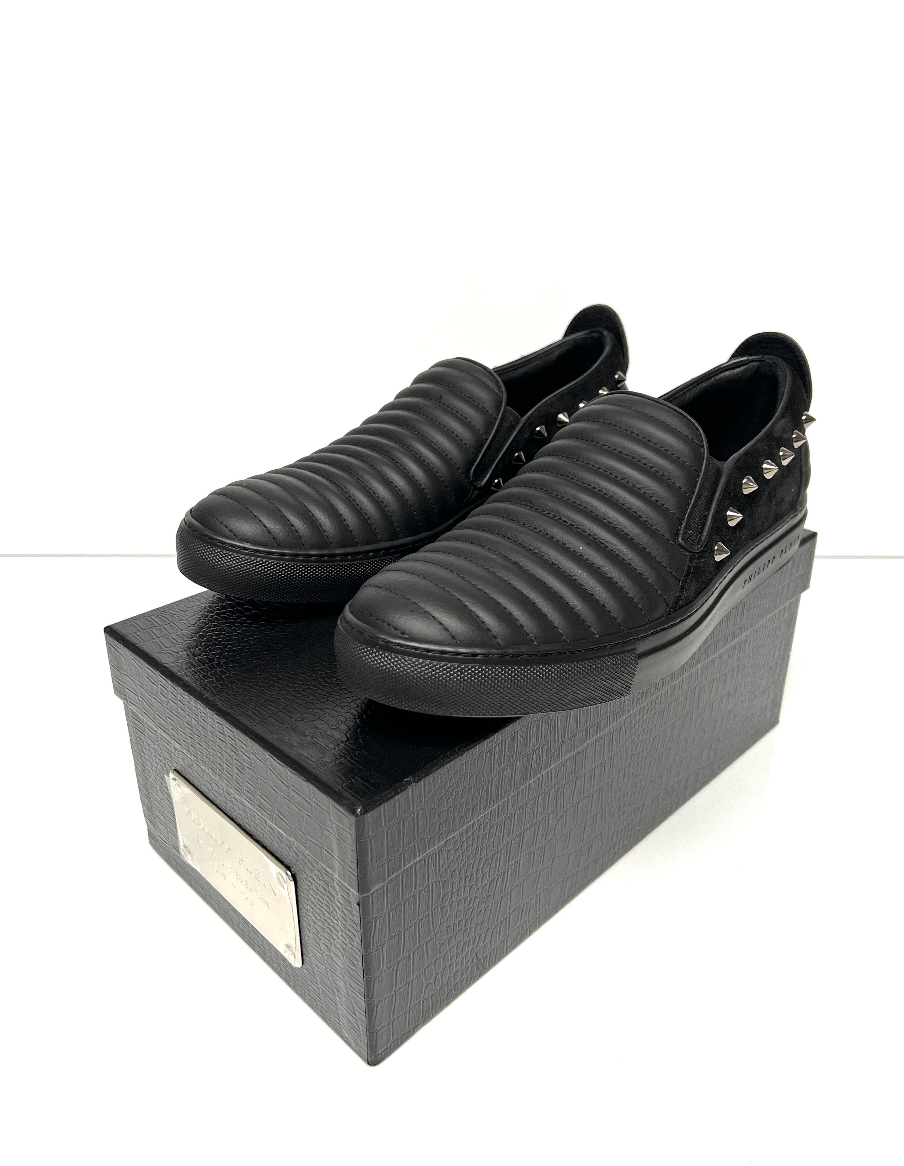 NEW PHILIPP PLEIN BLACK LEATHER/SUEDE RIBBED SKATE SNEAKERS
