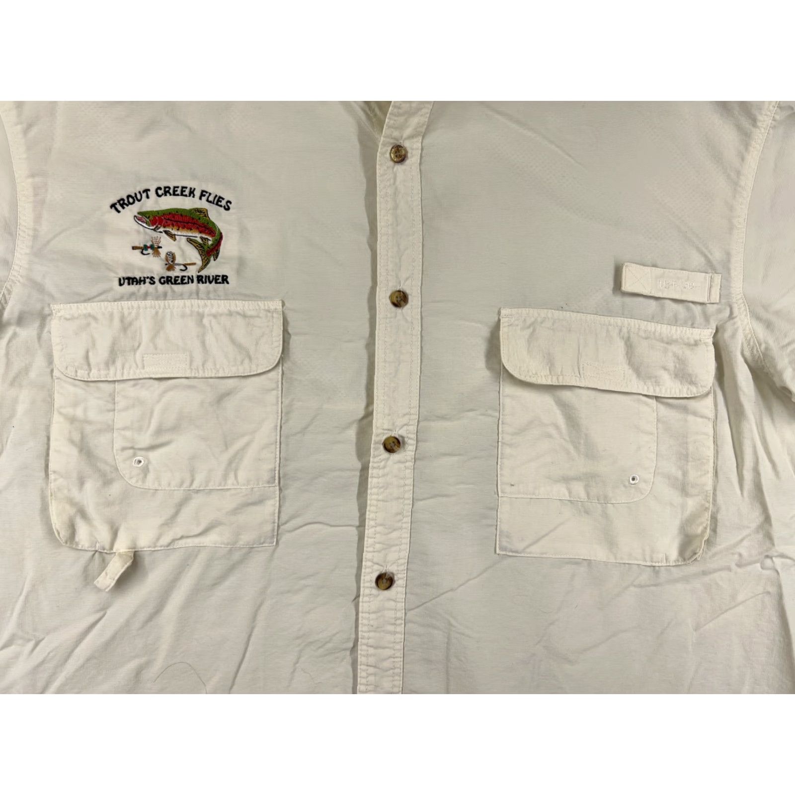 Vintage Redington Mens Shirt Large Ivory Nylon Button Up Fishing Angler Utah Green River Size US L / EU 52-54 / 3 - 5 Thumbnail