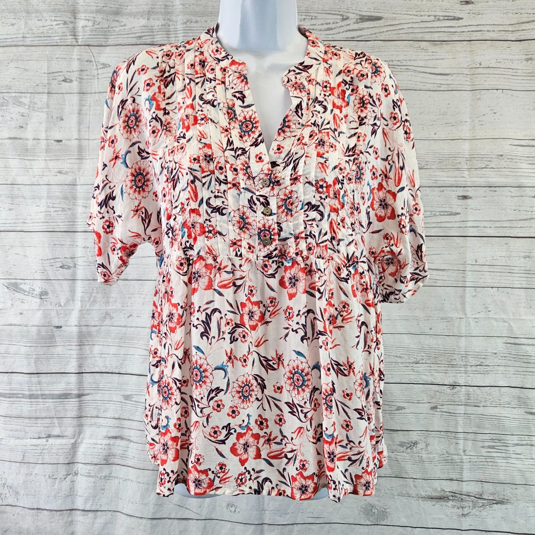 Vintage Knox Rose Womens Top XS White Red Floral Pintuck Rayon Blouse Size XS / US 0-2 / IT 36-38 - 2 Thumbnail