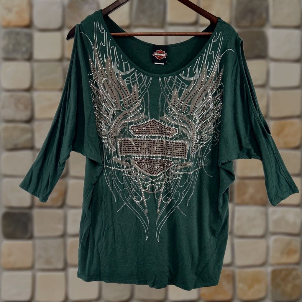 Harley Davidson Harley-Davidson Cold Shoulder Top Womens Medium Green Rhinestone Wing Graphic Size M / US 6-8 / IT 42-44 - 1 Thumbnail