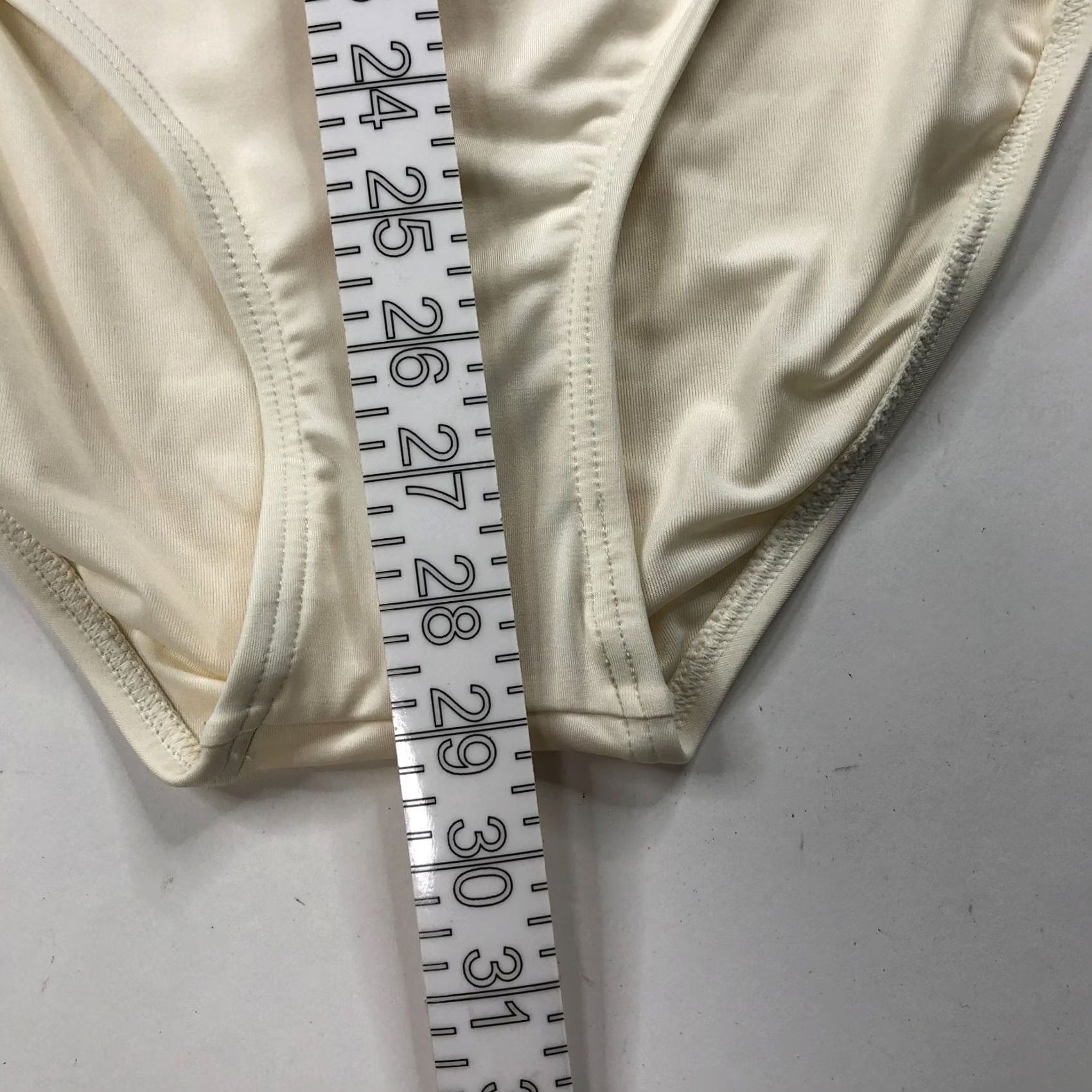 Vintage Carmen Marc Valvo One Piece Swimsuit Ivory Nylon Spandex 14 Adult Women Retro Wide Straps Removable Pads Shirred Smoothing Liner Solid Pattern Denim? Size ONE SIZE - 4 Thumbnail