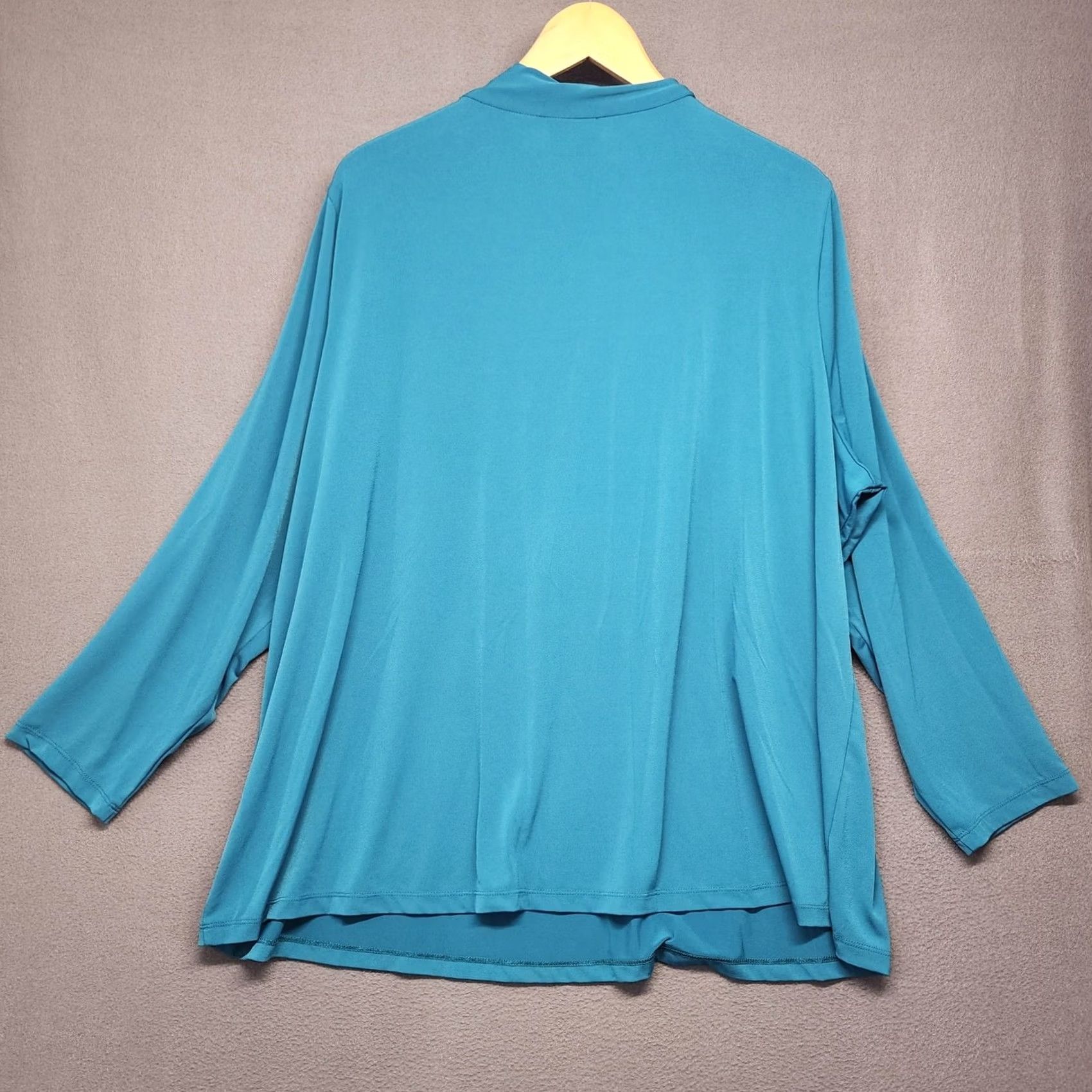Vintage Susan Graver Blouse Womens 3X Teal Turquoise Long Sleeve Neck Tie Slinky Stretch Size XXL / US 16-18 / IT 52-54 - 2 Thumbnail