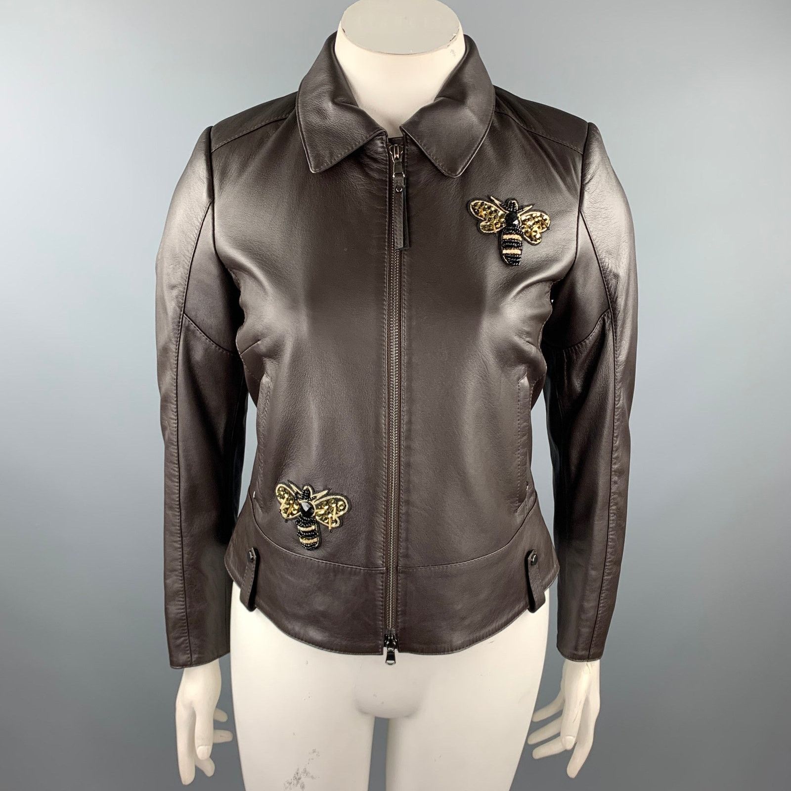 Other GIZIA 6 Brown Leather Bumble Bee Embellishment Zip Up Jacket Size M / US 6-8 / IT 42-44 - 1 Thumbnail