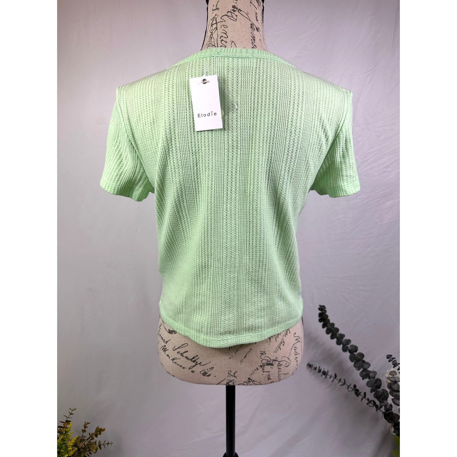 Other Elodie Waffle Knit Short Sleeve Button Up Crop Top Green XL Size XL / US 12-14 / IT 48-50 - 10 Thumbnail
