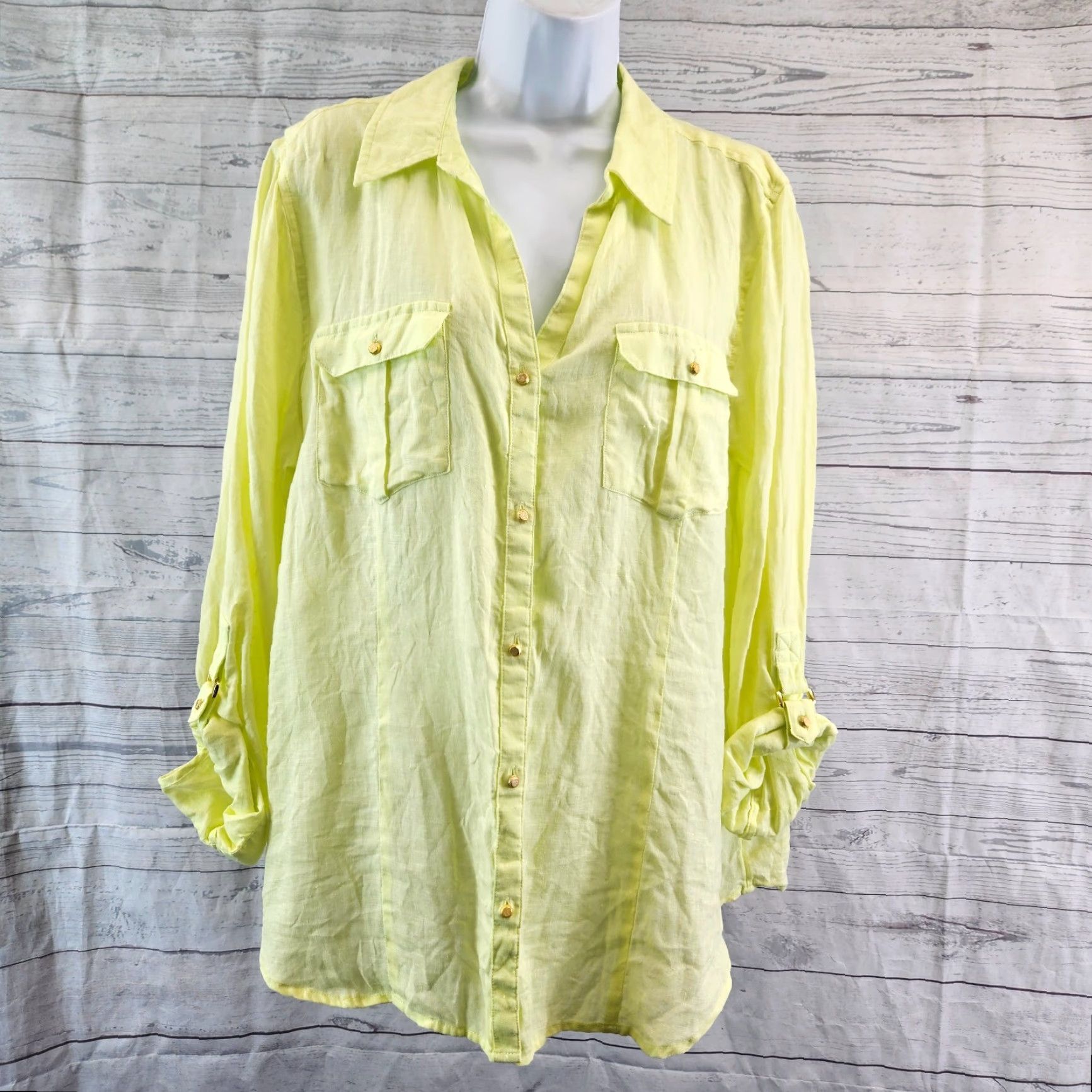 Vintage VINTAGE Chico's Womens Linen Button Up Top L Yellow Tabbed Sleeves Shirt Womens Large Yellow Sleeve Tabs Size L / US 10 / IT 46 - 2 Thumbnail