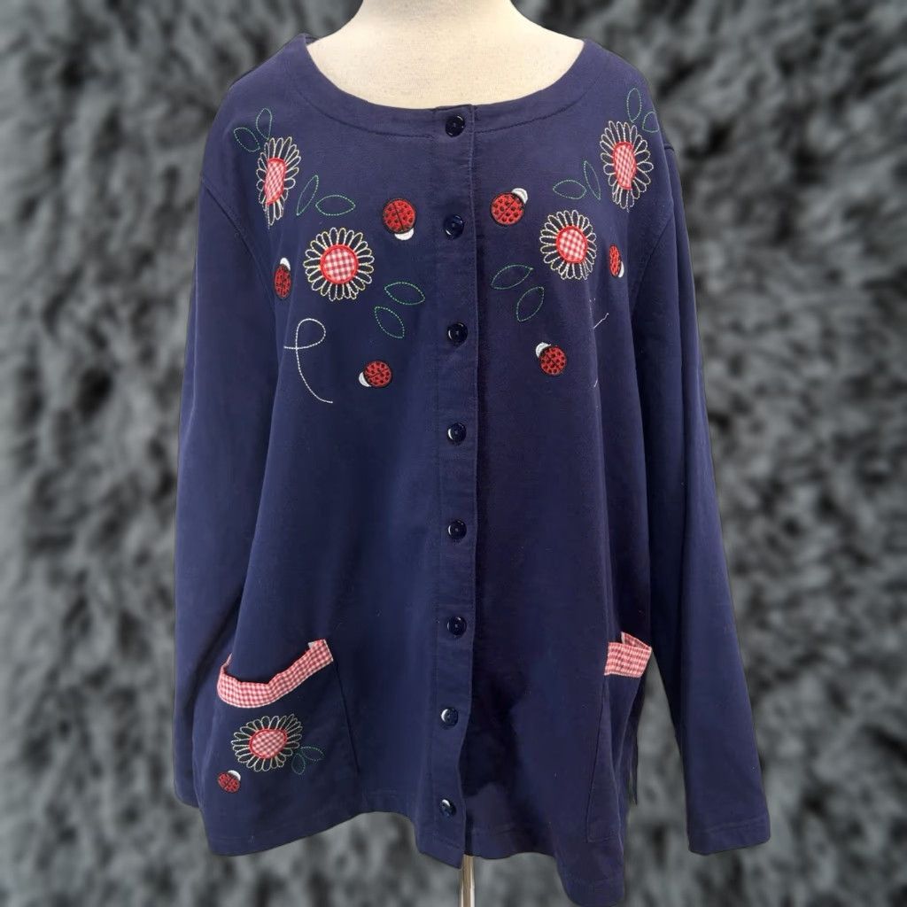 4SDESIGNS VINTAGE C&K Designs Cardigan Women’s 3X Plus Navy Embroidered Appliqué Ladybugs Blue Cotton Blend Sweater Long Sleeve Round Neck Womens Size XXL / US 16-18 / IT 52-54 - 1 Thumbnail