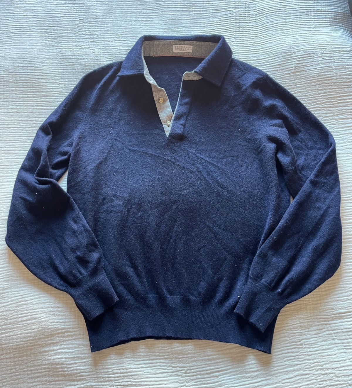 image of Brunello Cucinelli Collared Cashmere Sweater in Navy, Men's (Size Small)