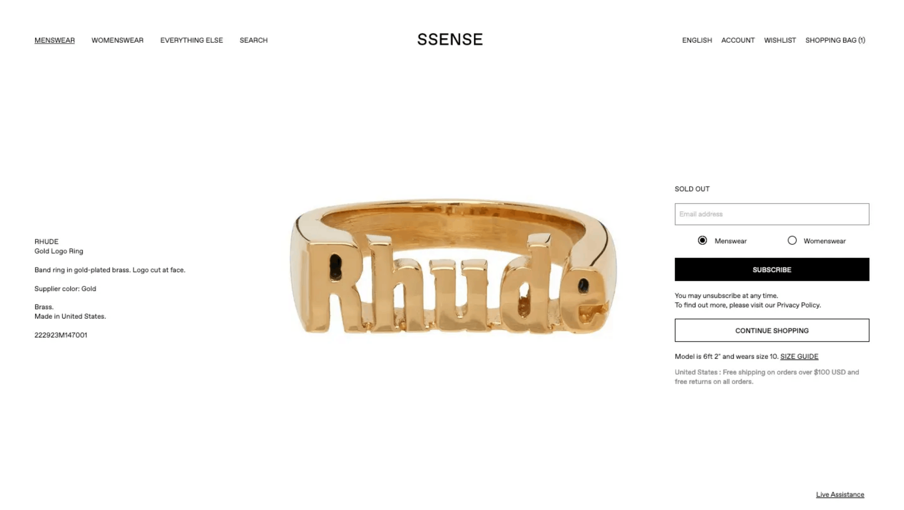 image of Rhude Gold Logo Ring, Men's