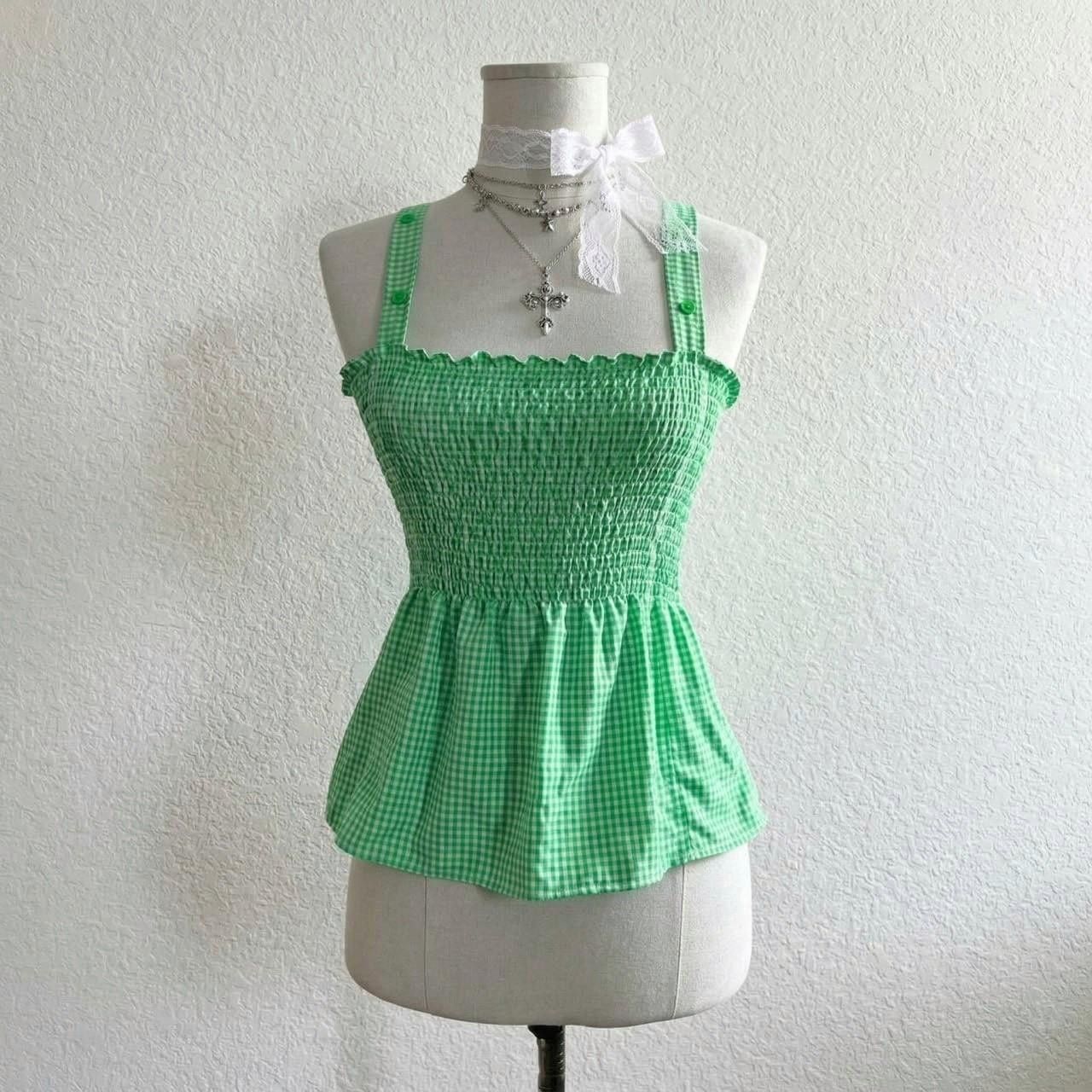Handmade Handmade green gingham cottagecore blouse, peasant, milkmaid Size S / US 4 / IT 40 - 1 Thumbnail