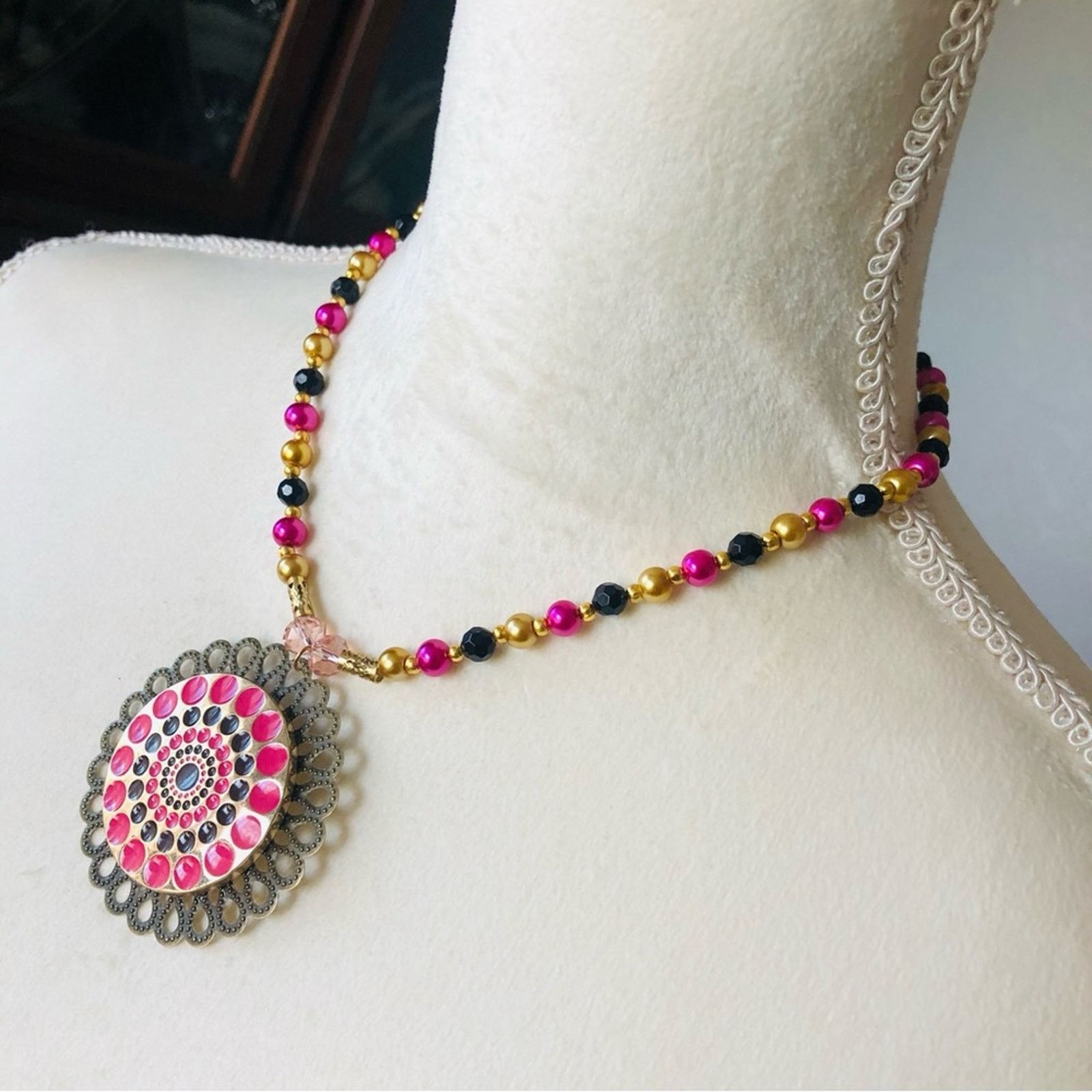 Handmade Handcrafted repurpose enamel medallion Pearl necklace Size ONE SIZE - 5 Thumbnail