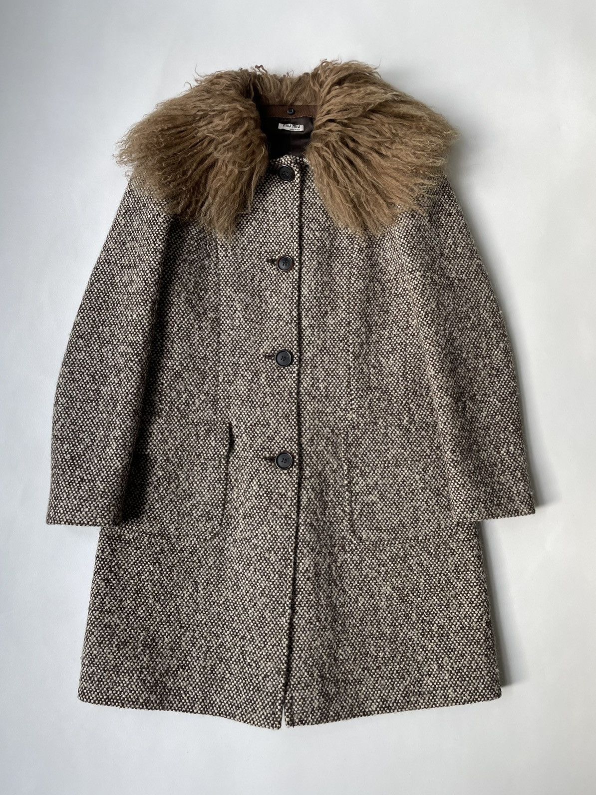 Miu Miu Early 2000s Shearling Collar Boucle Overcoat Size S / US 4 / IT 40 - 20 Thumbnail