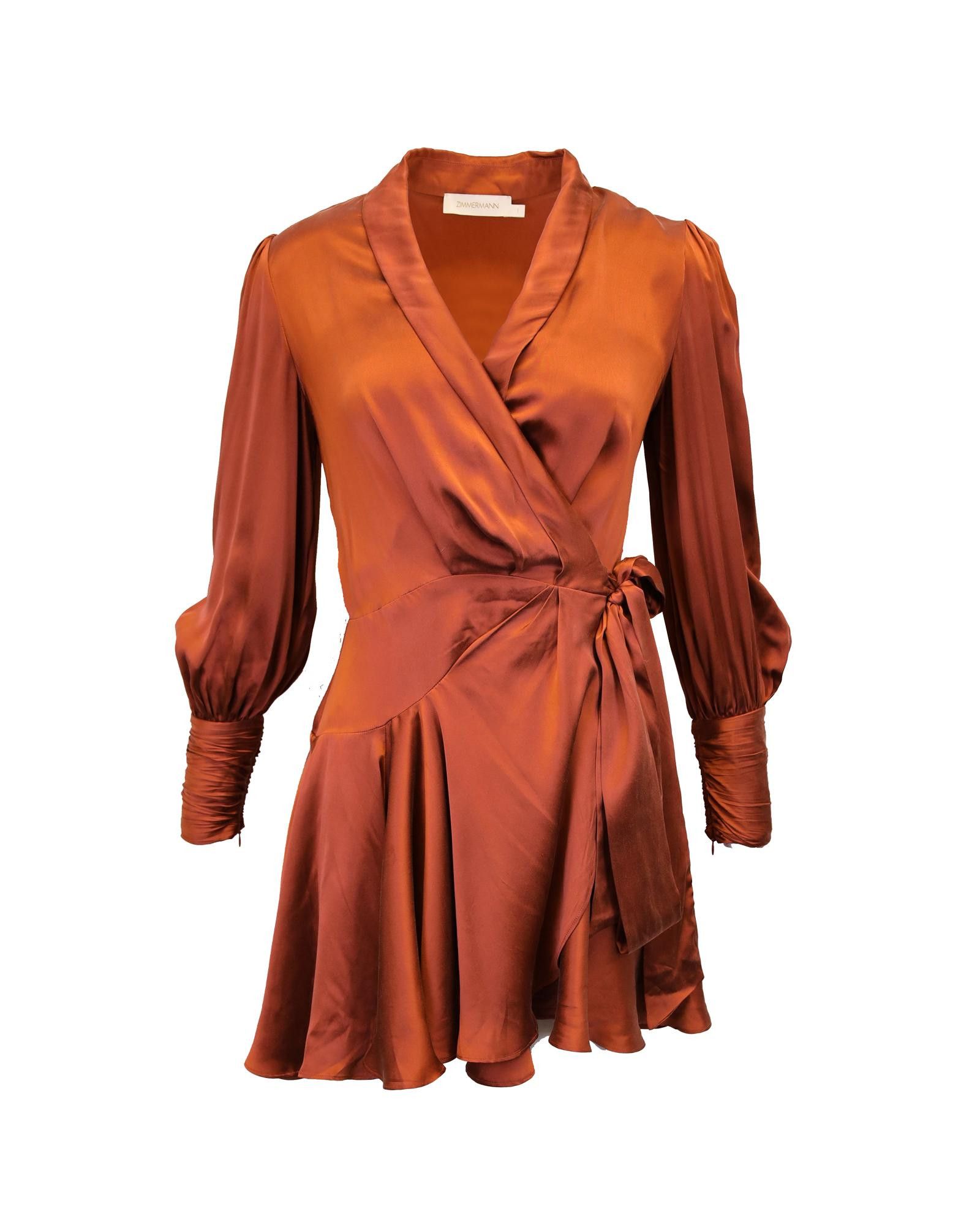 image of Zimmermann Silk Wrap Mini Dress With Balloon Sleeves in Brown, Women's (Size Small)