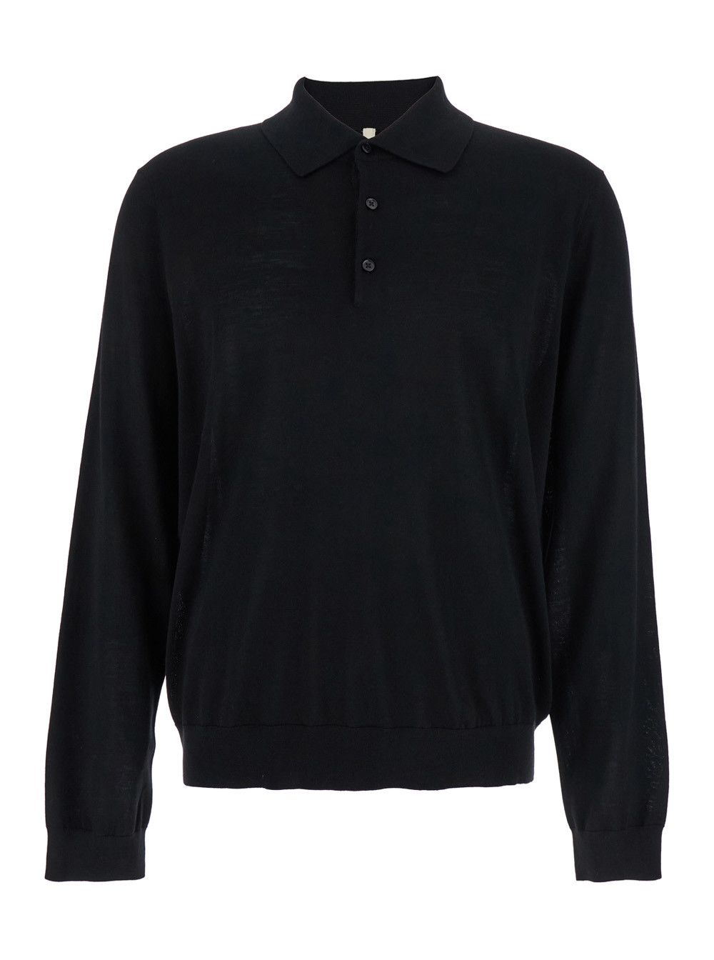 Black Polo Shirt with Classic Collar and Ribbed Trims in Wool Man