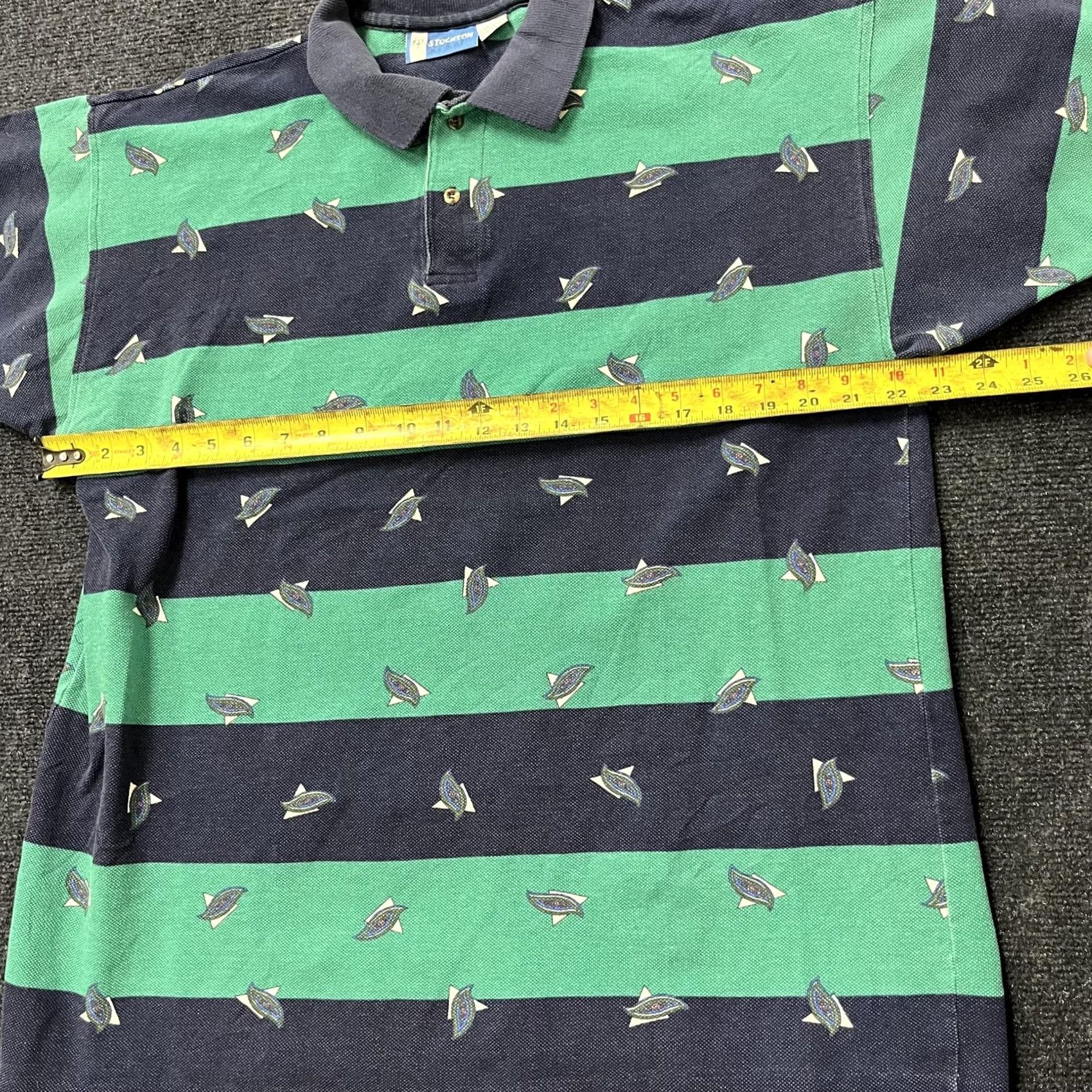 Vintage VINTAGE Stockton Polo Shirt Mens L Blue Green Stripe Fish Print Made USA Size US L / EU 52-54 / 3 - 7 Thumbnail