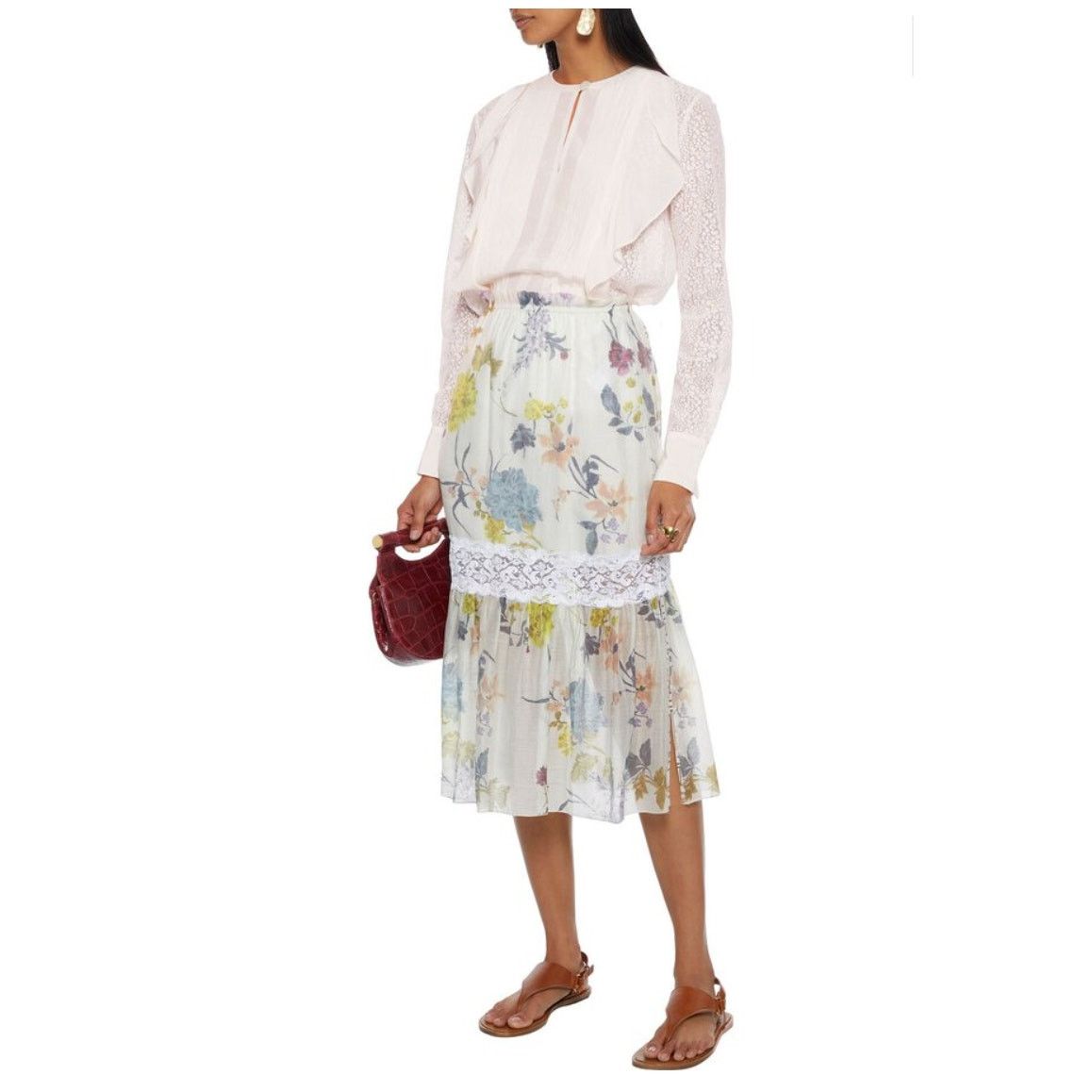 image of See By Chloe See By Chloé Lace Trimmed Flora Voile Midi Skirt NWT in Cream, Women's (Size 26)