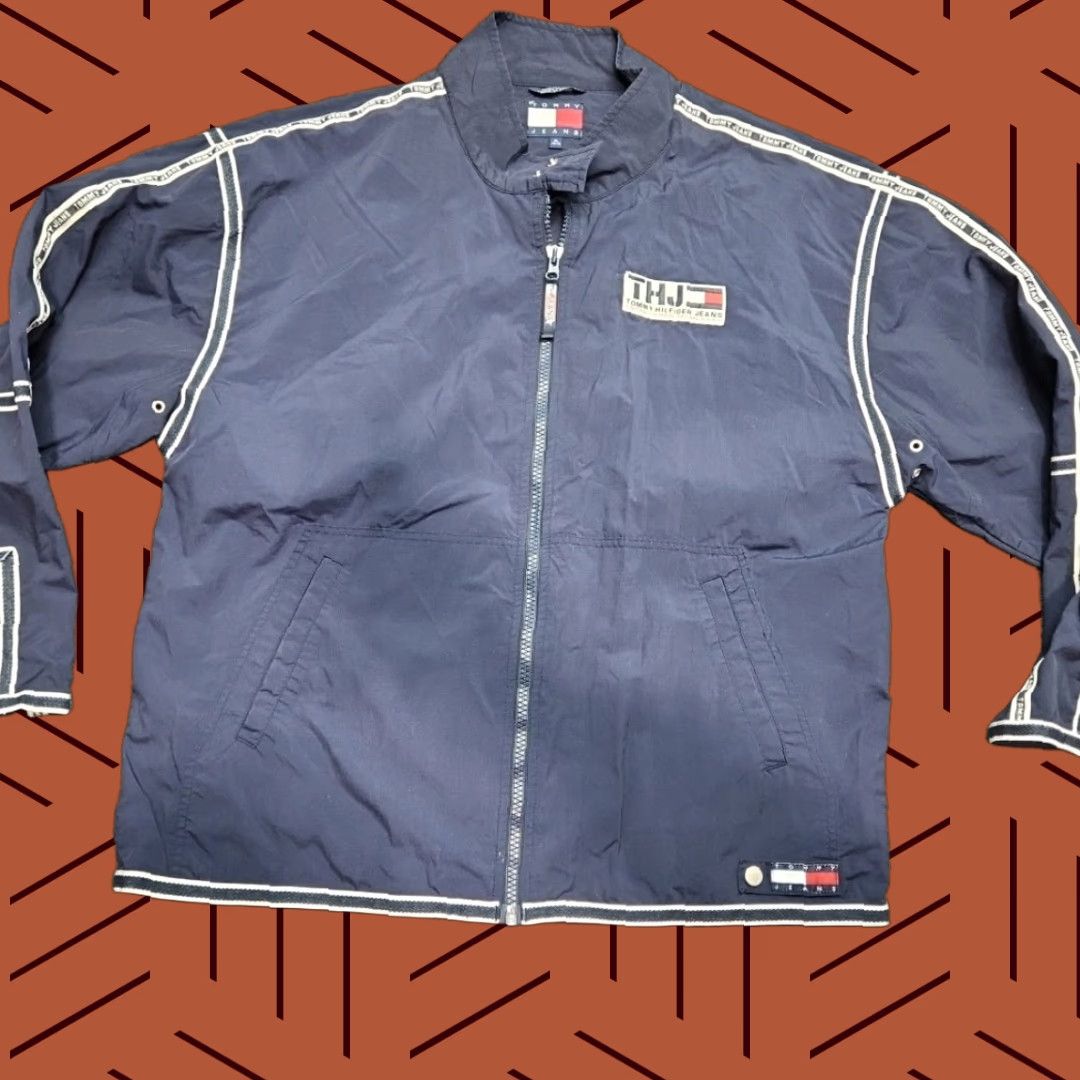 Vintage Tommy Hilfiger Jacket Men XL Blue VTG 90’s Hip Hop Flag Patch White Trim Spellout Windbreaker