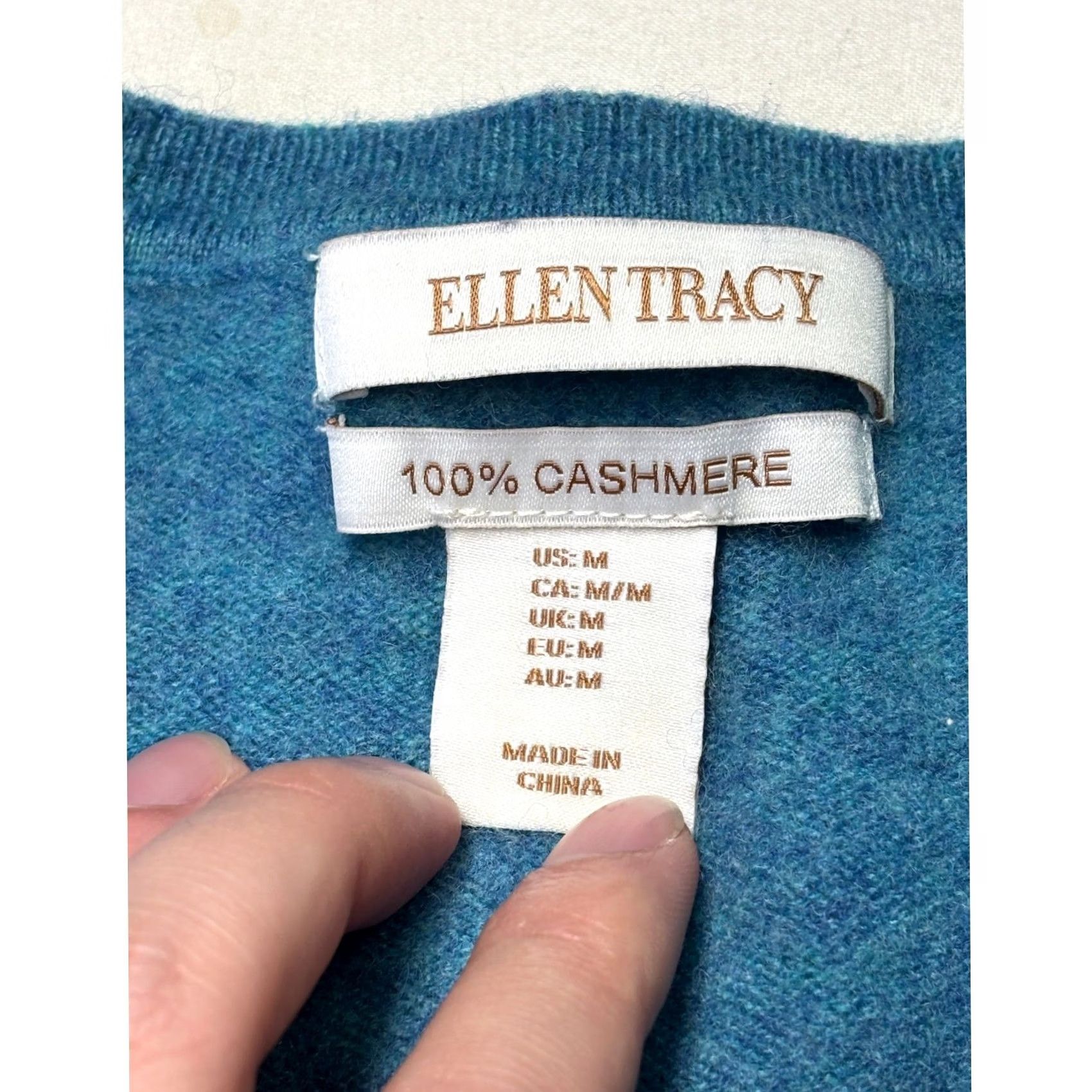 Ellen Tracy Ellen Tracy Cashmere Sweater Womens M Teal Blue V-Neck Long Sleeve Knit Pullover, Casual, Classic, 100% Cashmere, Solid, Knit, Tight-Knit Size M / US 6-8 / IT 42-44 - 2 Thumbnail