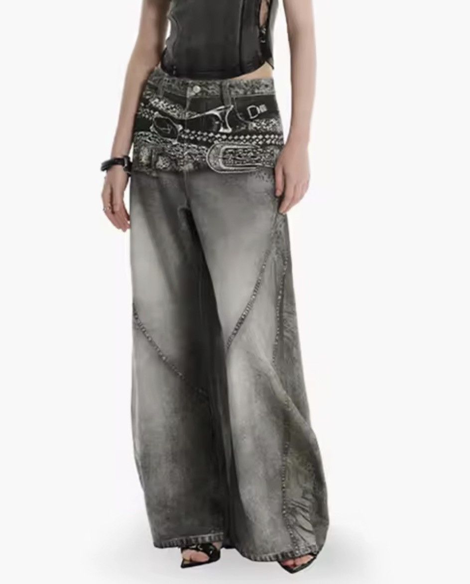Japanese Brand Mud Wash Wide Leg Denim - Y2K Double Belt Graphic Size US 33 - 3 Thumbnail