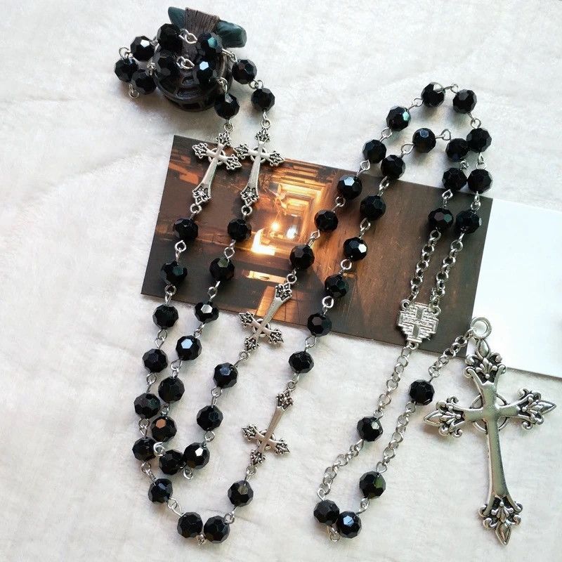 Jewelry Black Crystal Rosary Necklace Long Cross Pendant Size ONE SIZE - 4 Thumbnail