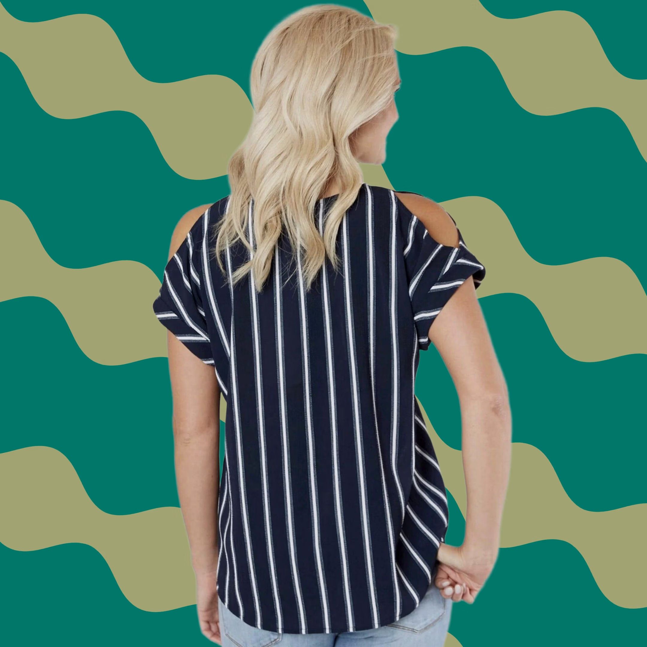 Vintage Buckle Daytrip Navy/White Striped V-Neck Cold Shoulder Short Sleeve Top Blouse M Size M / US 6-8 / IT 42-44 - 1 Thumbnail