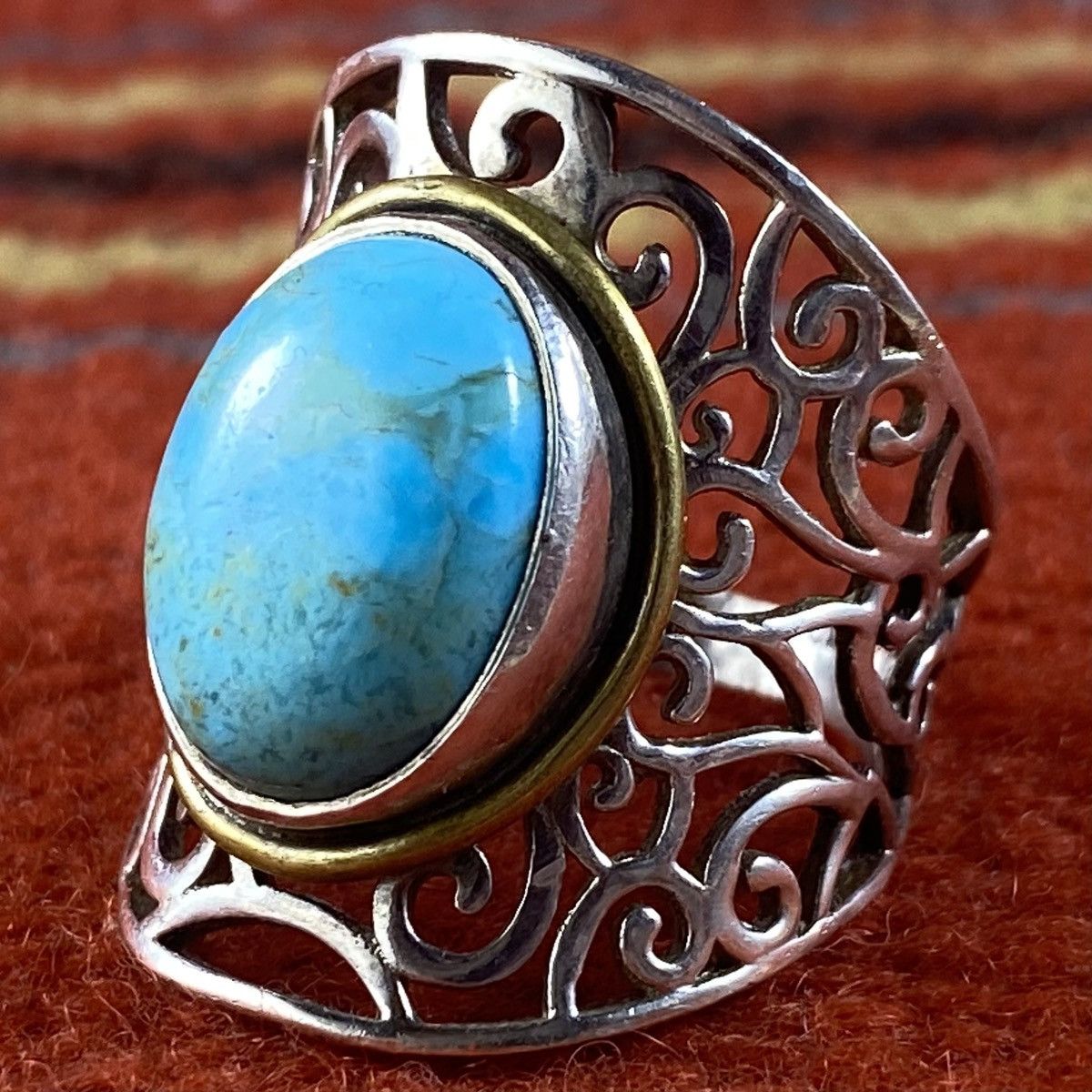 Japanese Brand × Kapital × Vintage Vtg Sterling Silver Turquoise Chunky Two Tone Signet Ring Size ONE SIZE - 3 Thumbnail
