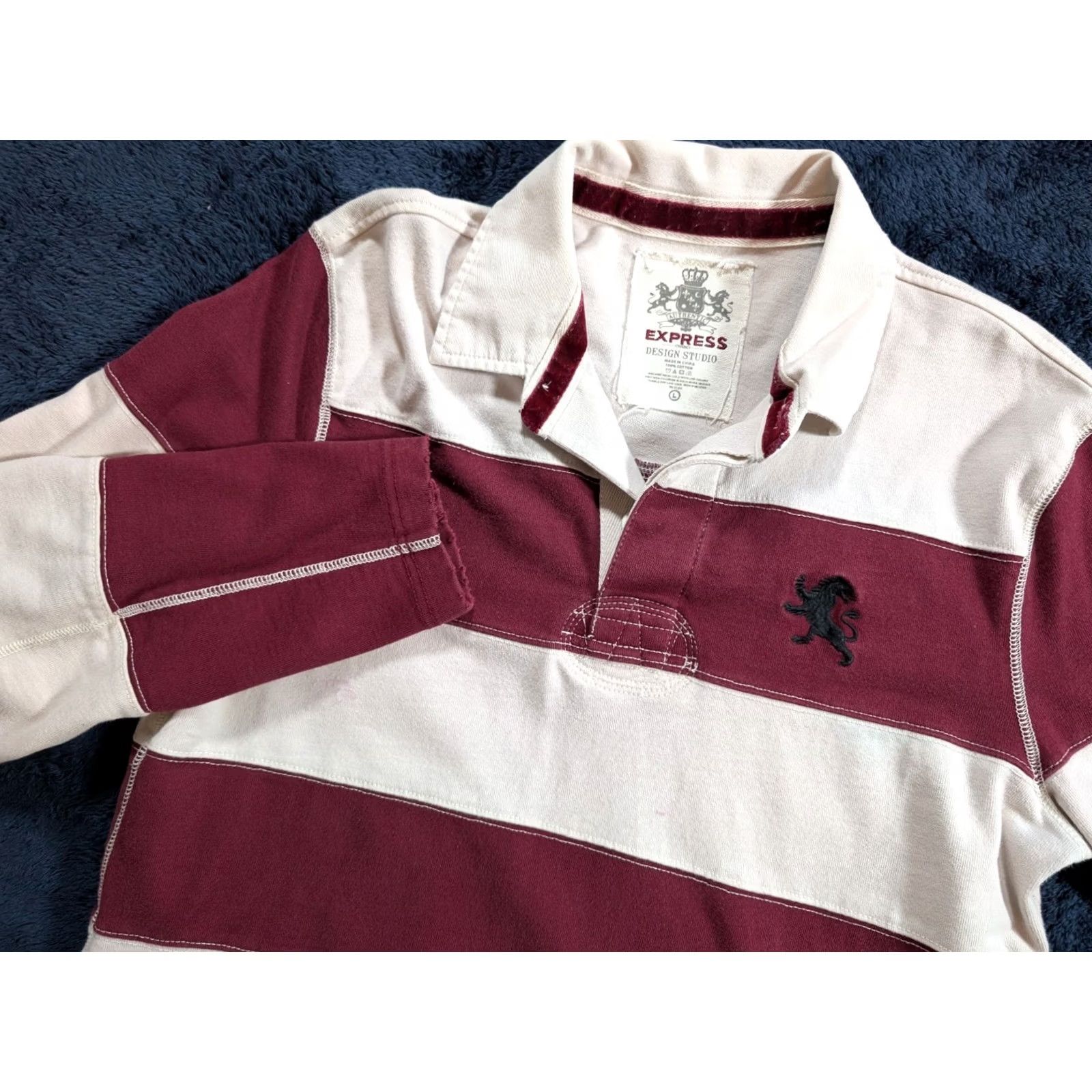 Express EXPRESS Rugby Shirt Mens Large 100% Cotton Burgundy Red & White Striped Long Sleeve Collared Shirt Size US L / EU 52-54 / 3 - 2 Thumbnail