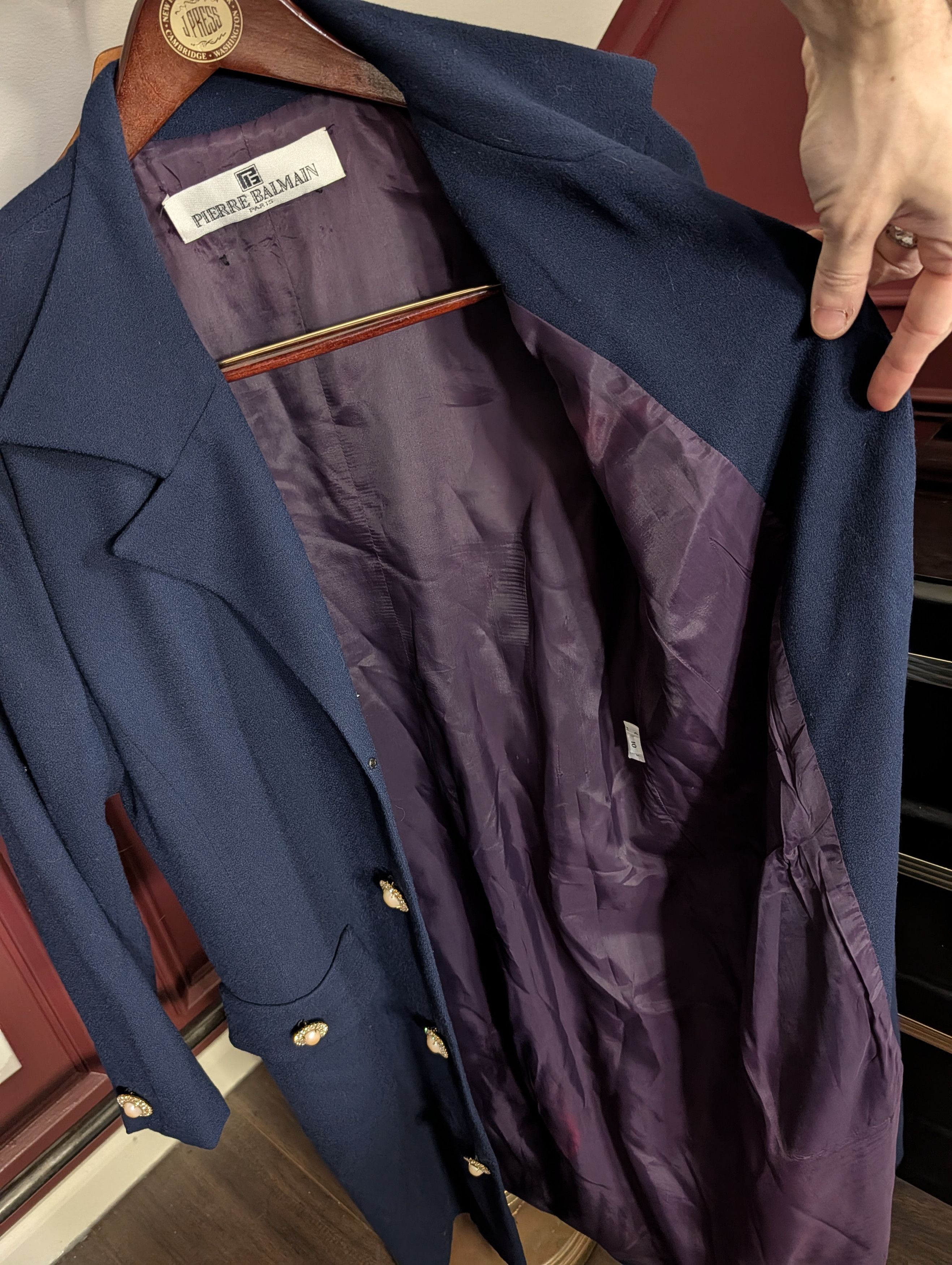 Pierre Balmain 80s VTG Navy Wool Pearl Crystal Gold Button Coat Dress Size L / US 10 / IT 46 - 13 Thumbnail