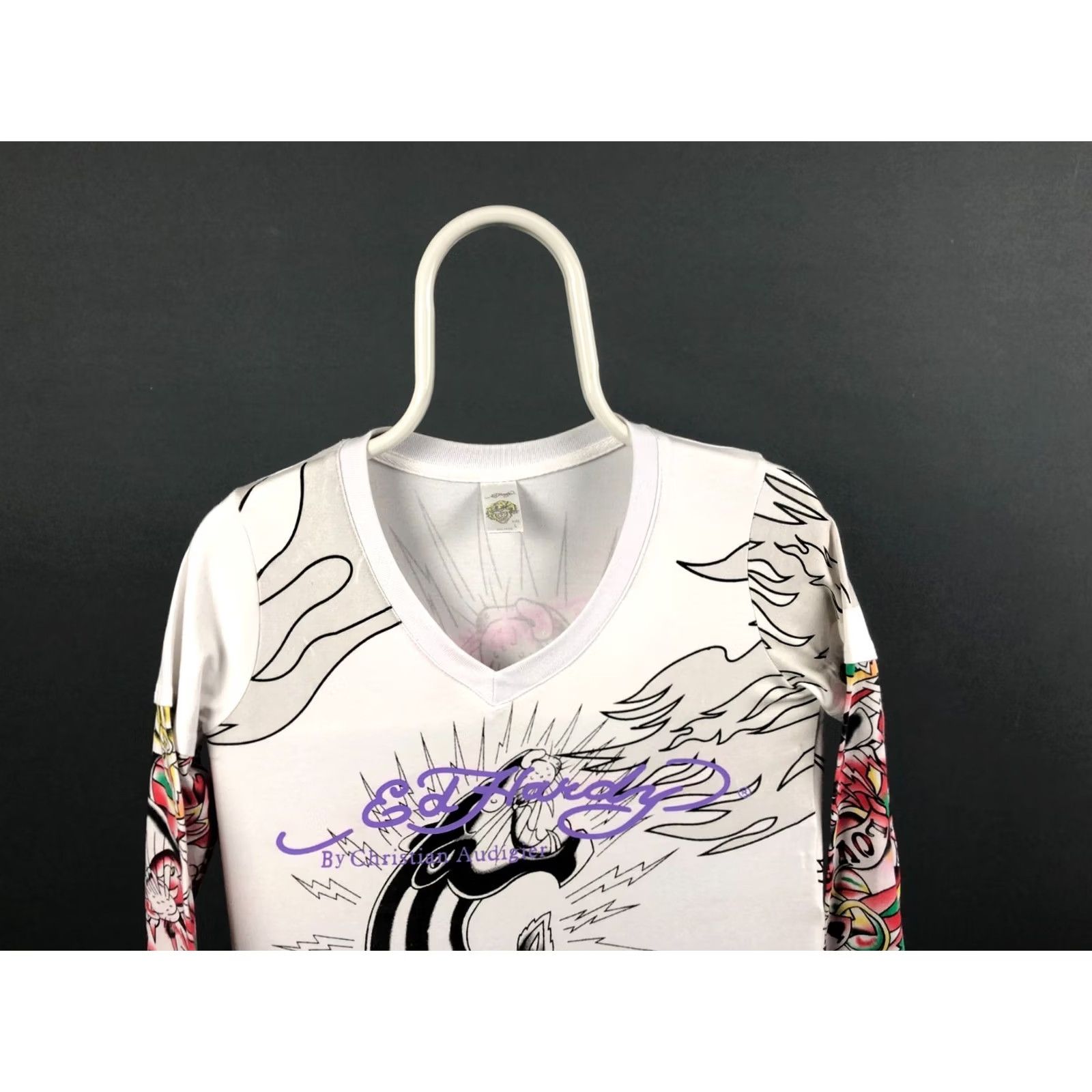 Ed Hardy Ed Hardy Women's T-Shirt Size L White 100% Cotton Long Sleeve V-Neck Rhinestone Signature Logo Rose Casual Shirt Womens Size L / US 10 / IT 46 - 4 Thumbnail