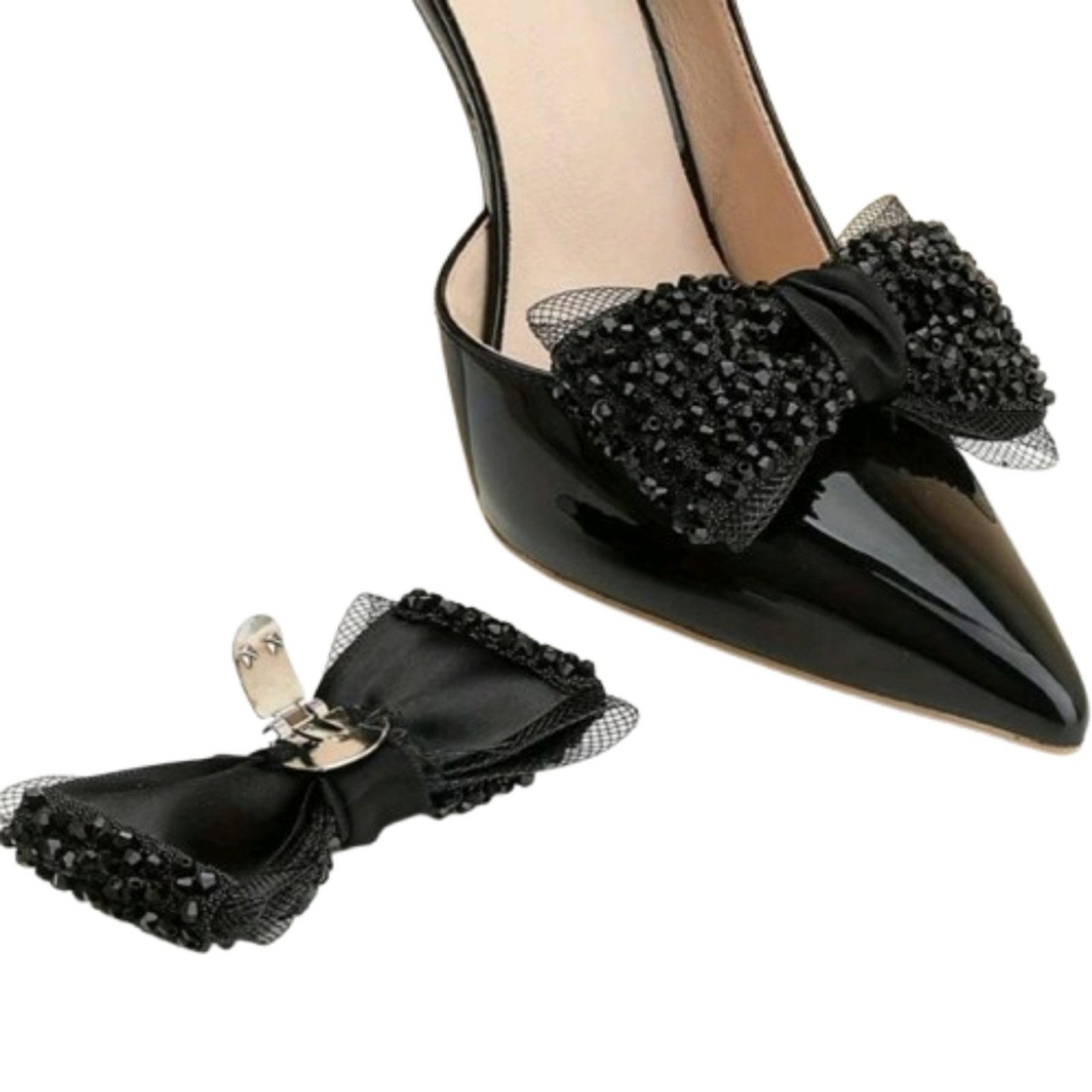 Other MIDNITE BLACK ● JET BEADS ● TULLE BOW ● SHOE CLIPS ● NWOT Size US 4 / IT 34 - 6 Thumbnail