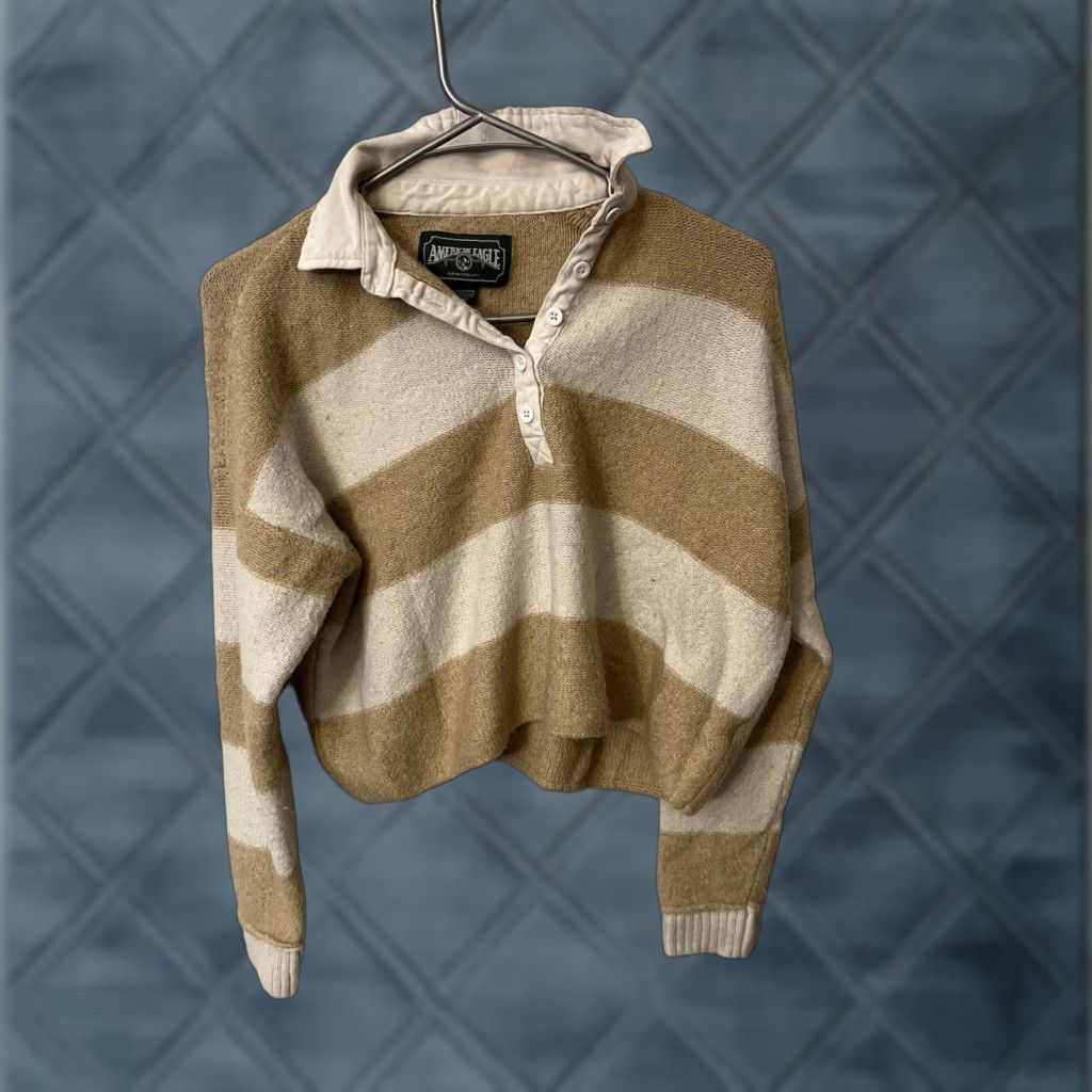 American Eagle Outfitters AMERICAN EAGLE Women's Brown Stripe Collared Sweater SIZE XS Size XS / US 0-2 / IT 36-38 - 1 Thumbnail