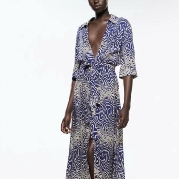 Zara Navy & Ivory Belted Dress