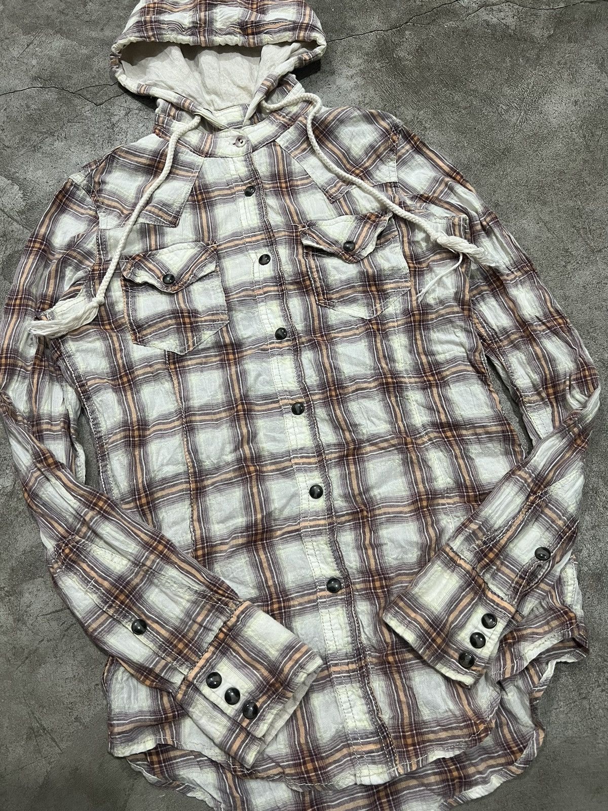 Japanese Brand 2000’s GOA Unfinished Western Hooded Plaid Shirt Size US S / EU 44-46 / 1 - 2 Thumbnail