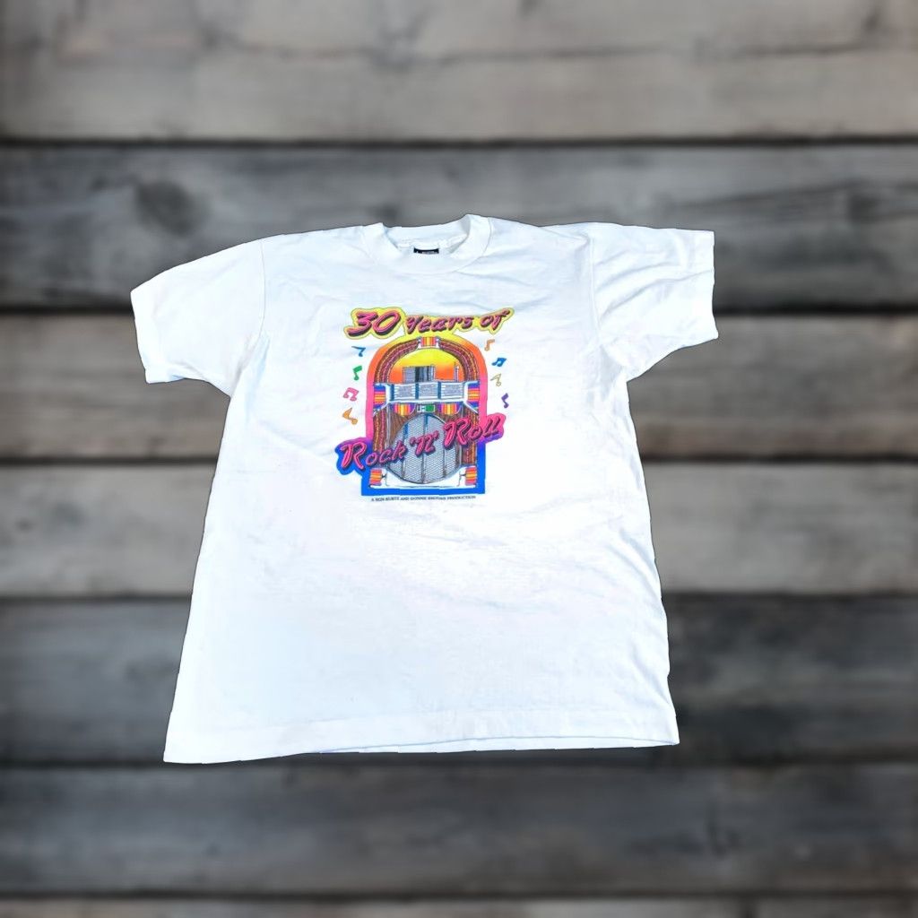 Vintage VTG Screen Stars 30 Years Rock n Roll T-Shirt Adult Medium White Mens Large (Tag) 90s Rock Graphic Print Cotton Blend Short Sleeve Crew Neck USA Made Size US M / EU 48-50 / 2 - 1 Thumbnail