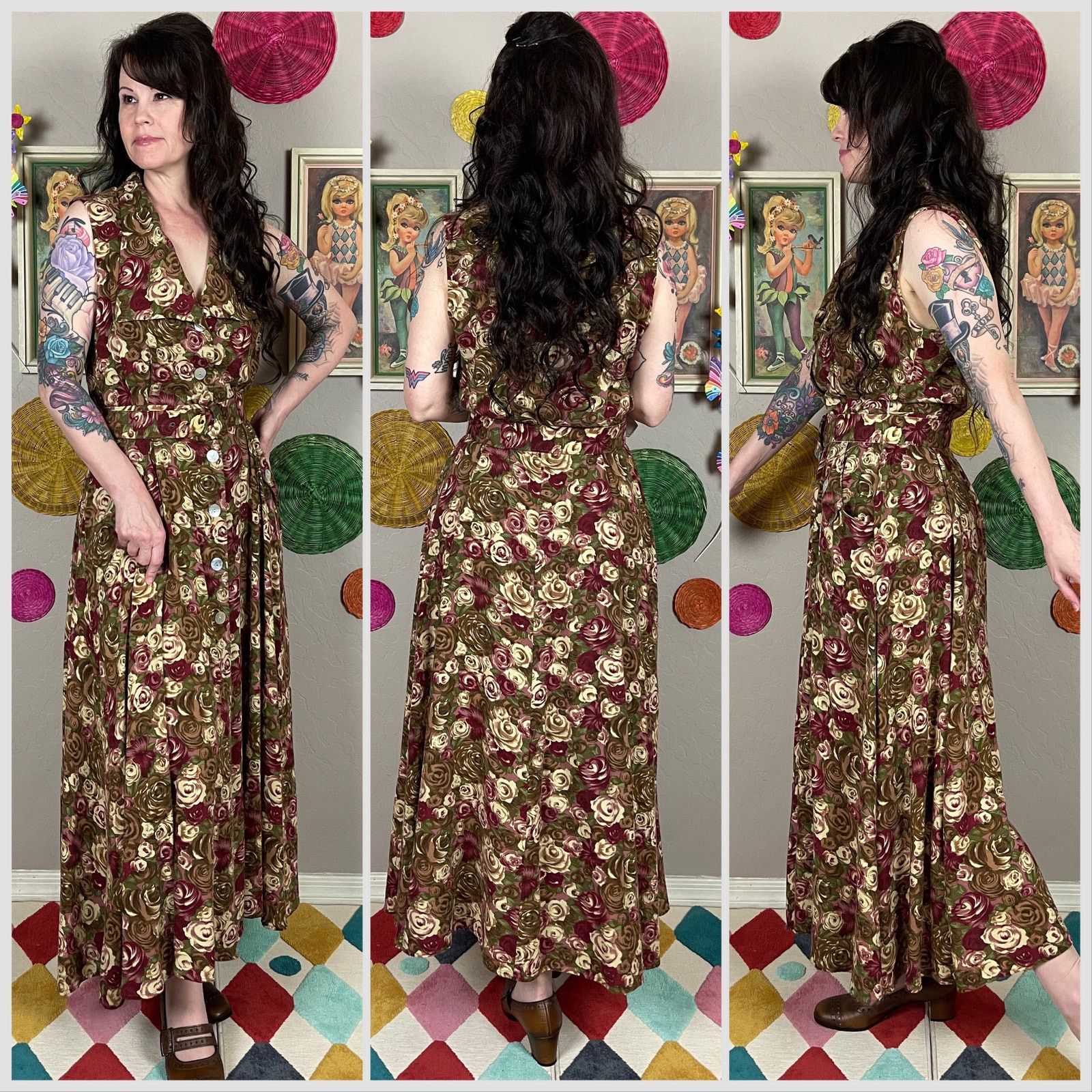 Vintage Vintage 80s Brown Floral Sleeveless Button Front Midi Dress Size M / US 6-8 / IT 42-44 - 2 Thumbnail