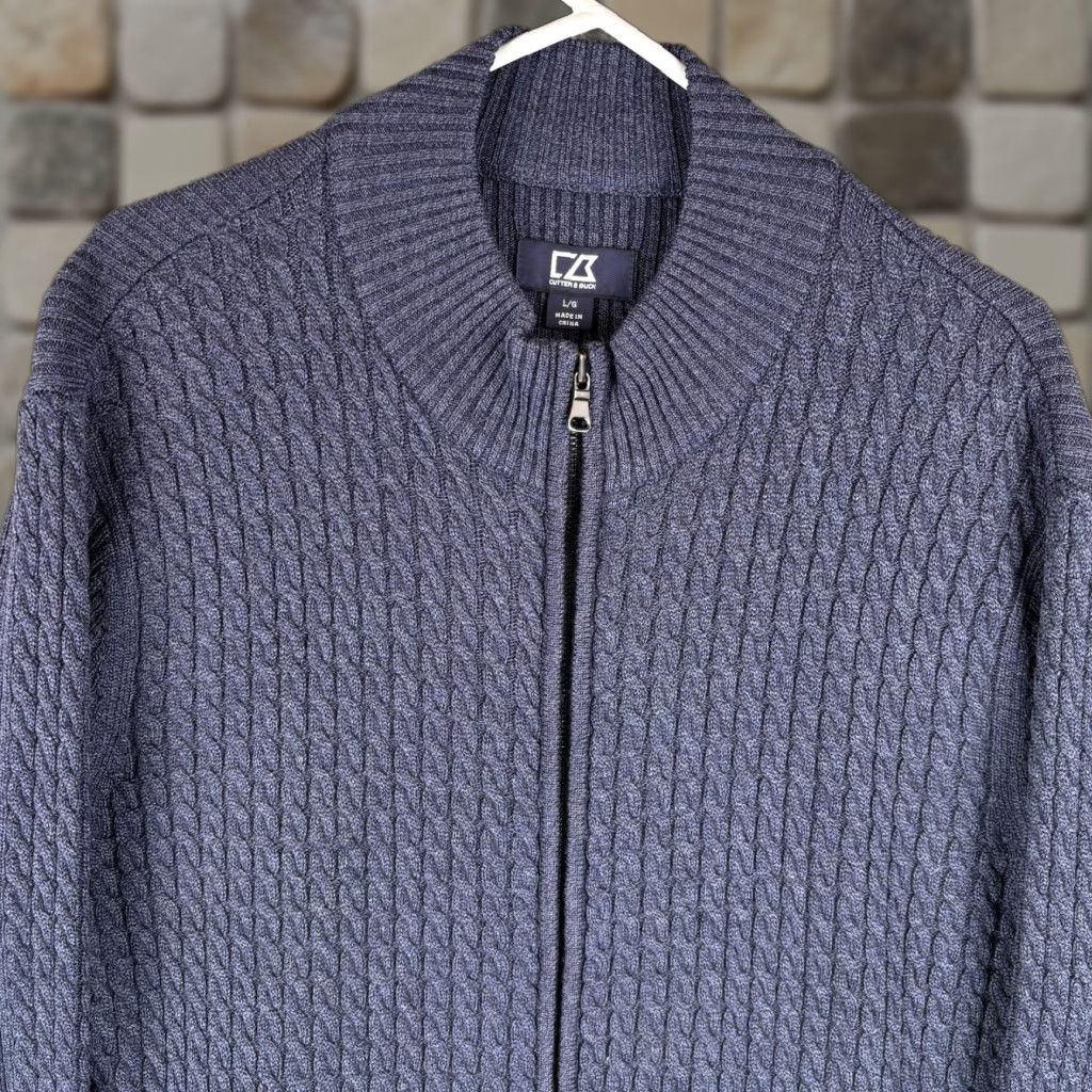 Cutter & Buck Cutter & Buck Sweater Mens Large Blue Merino Wool Full Zip Cable Knit 100% Wool Heavy Mens Size US L / EU 52-54 / 3 - 1 Thumbnail