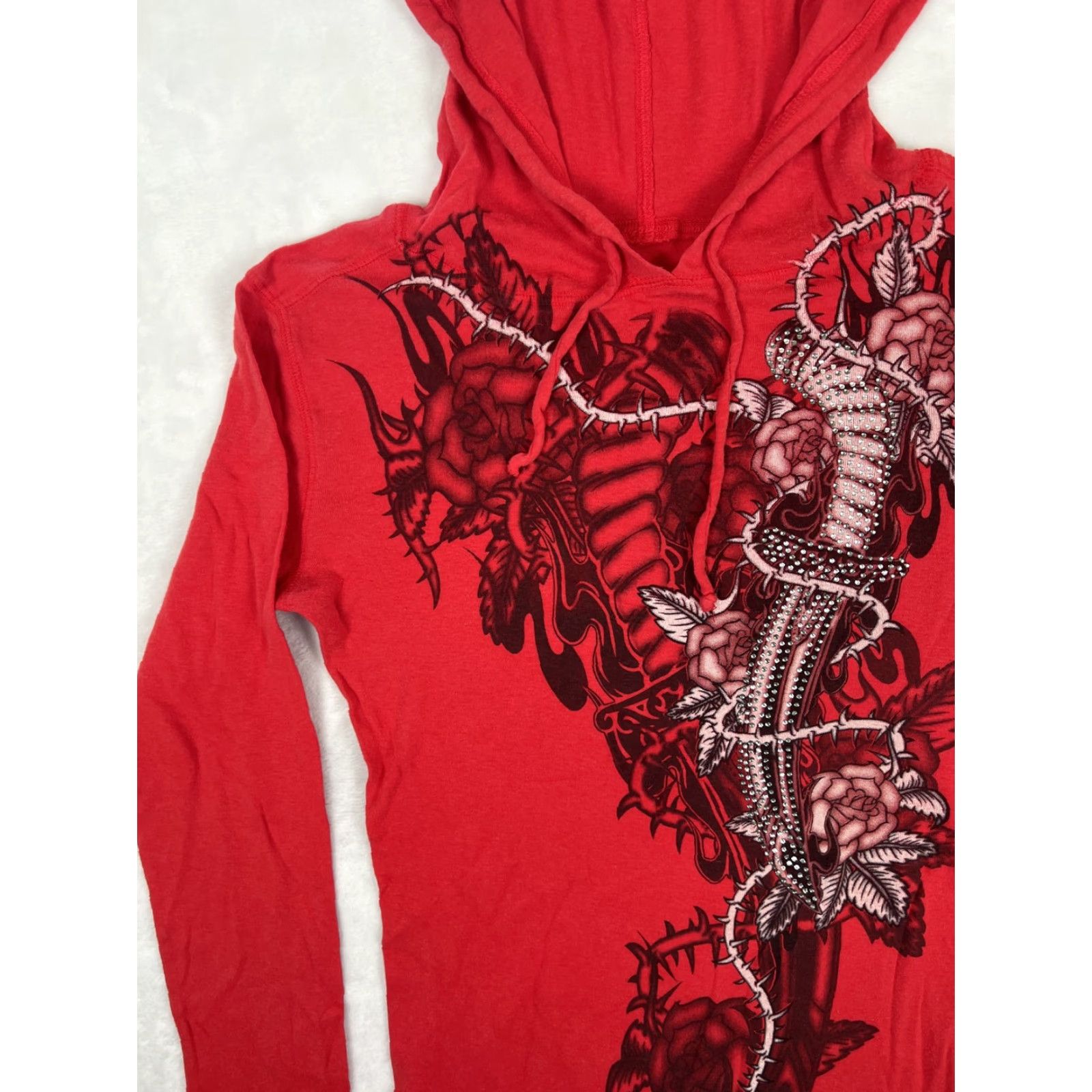 Vintage VINTAGE Gothic Rose Dagger Shirt Womens S/M Red Hooded Long Sleeve Rhinestone Y2K Size S / US 4 / IT 40 - 6 Thumbnail