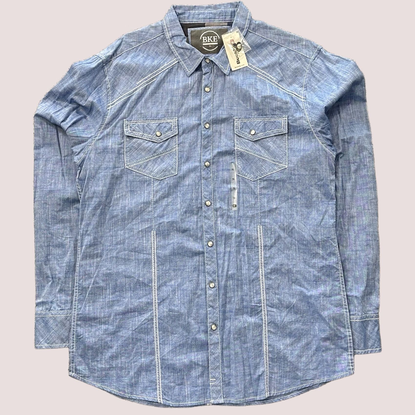 BKE BKE Pearl Snap Shirt Mens XL Blue Chambray Western Long Sleeve Standard Fit Size US XL / EU 56 / 4 - 1 Thumbnail