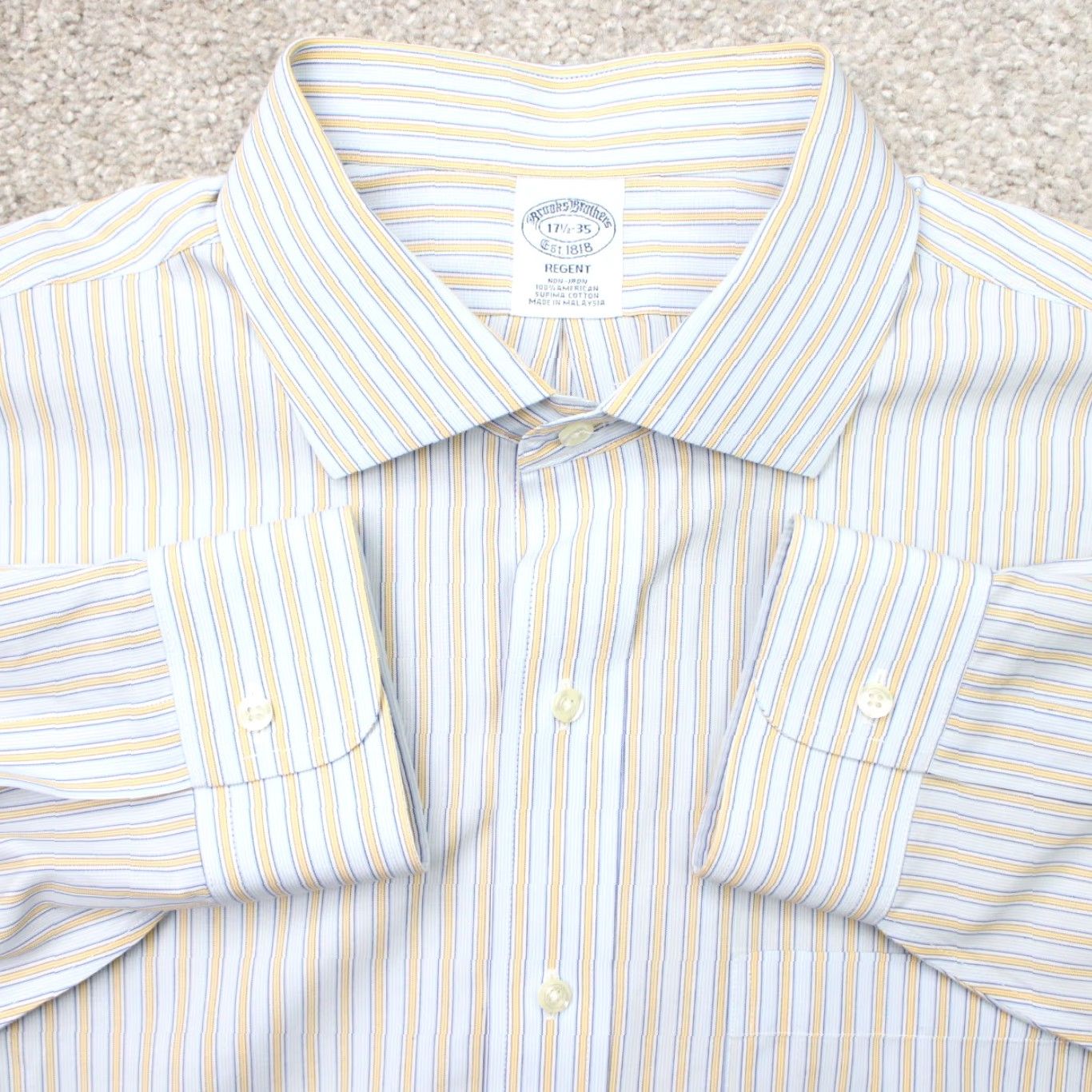 Brooks Brothers Brooks Brothers Shirt Mens 17 1/2 35 Yellow/Blue Regent Non-Iron Supima Cotton Dress Shirt Long Sleeve Button-Down Pattern Striped Modern Classic Mens Size US XXL / EU 58 / 5 - 2 Thumbnail