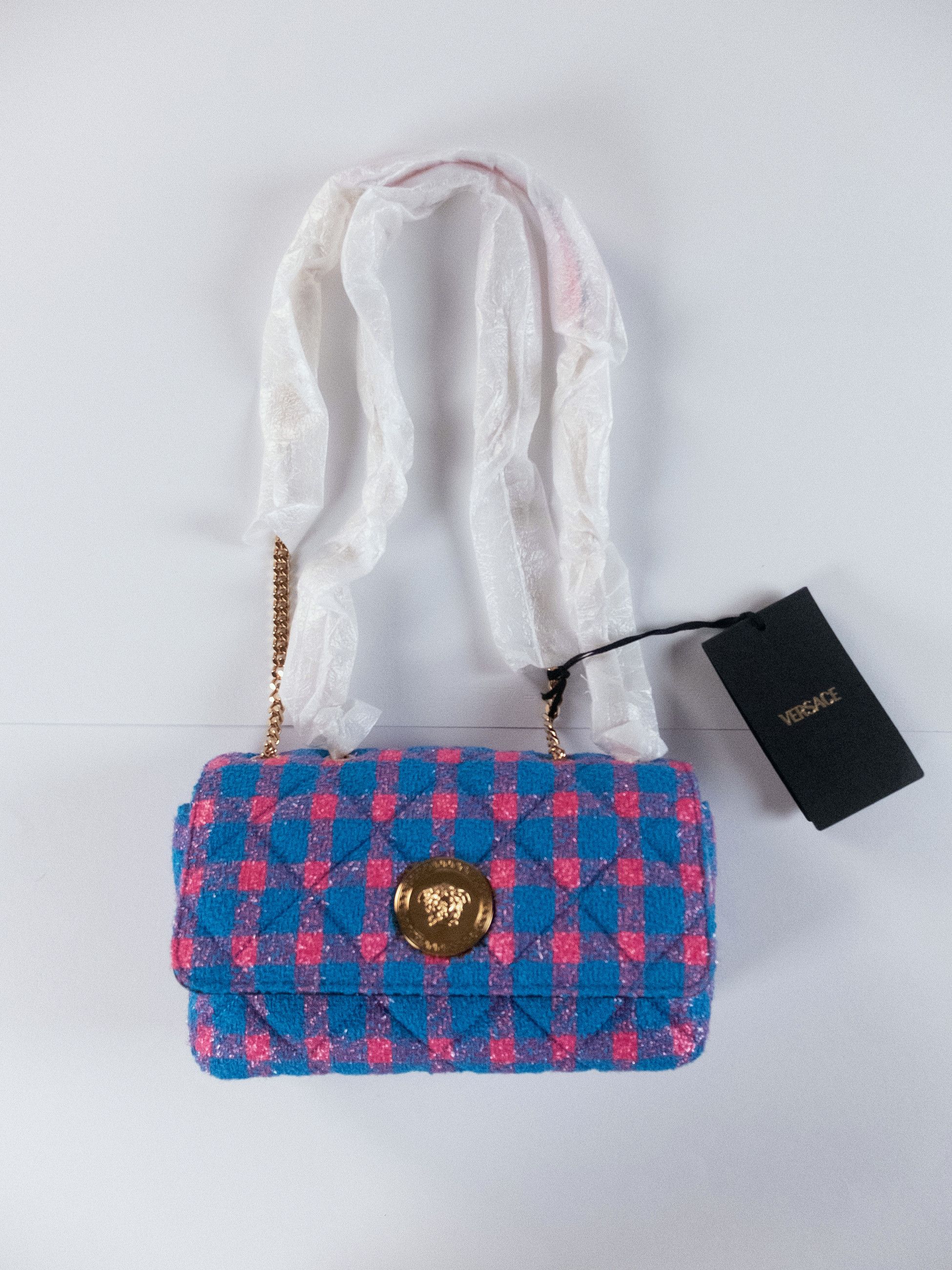 Versace VERSACE La Medusa pink blue tweed chain strap shoulder bag Size ONE SIZE - 3 Thumbnail