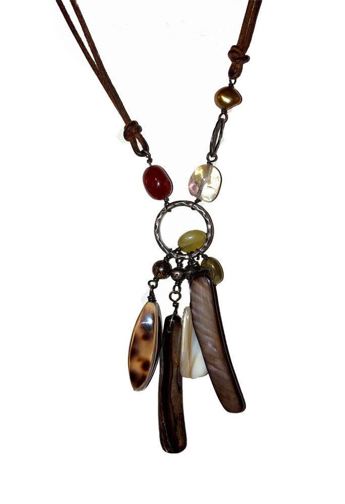 Designer Sterling Leather Shell Carnelian Pearl Quartz Bead Necklace Size ONE SIZE - 1 Thumbnail