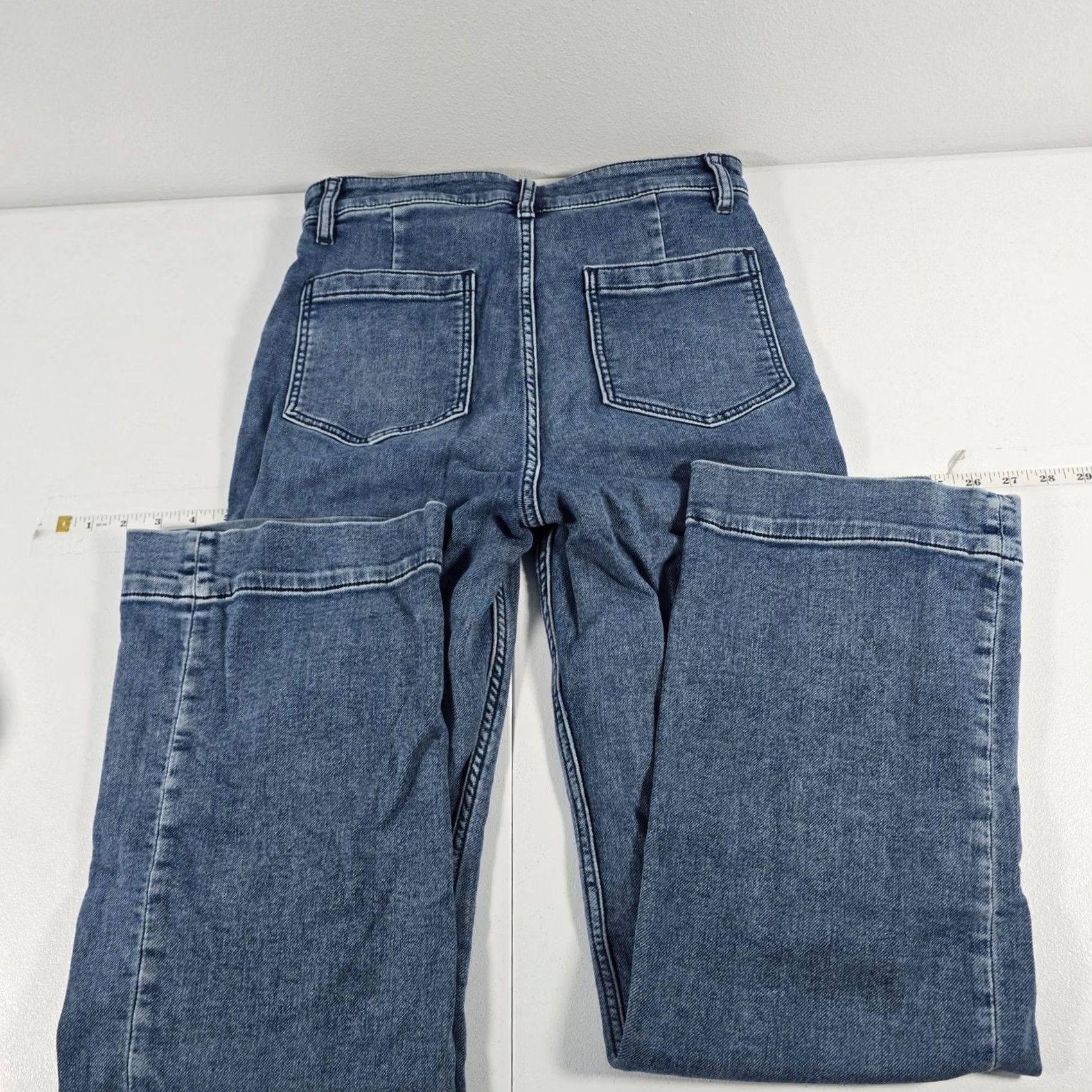Faherty Faherty Women Blue Wide Leg Jeans Size 29 Stretch Denim Patch Pocket Button Zip Size 29" - 2 Thumbnail