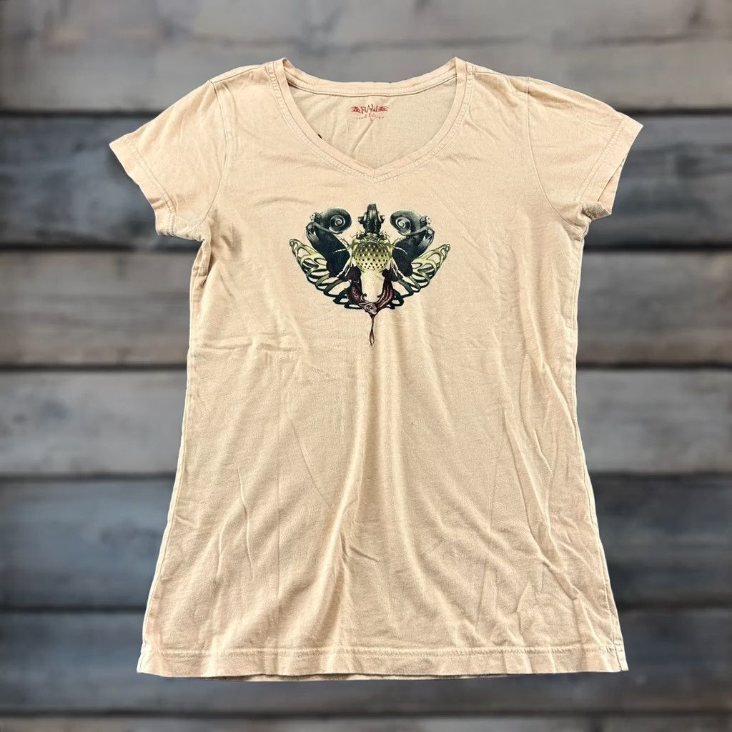 Vintage VINTAGE RAW 7 T-Shirt Womens L Beige Cotton Angels Motif Goth Emo Y2K Crew Neck Cap Sleeve Rhinestone Butterfly Slim Short Sleeve Basic Casual Size L / US 10 / IT 46 - 1 Thumbnail