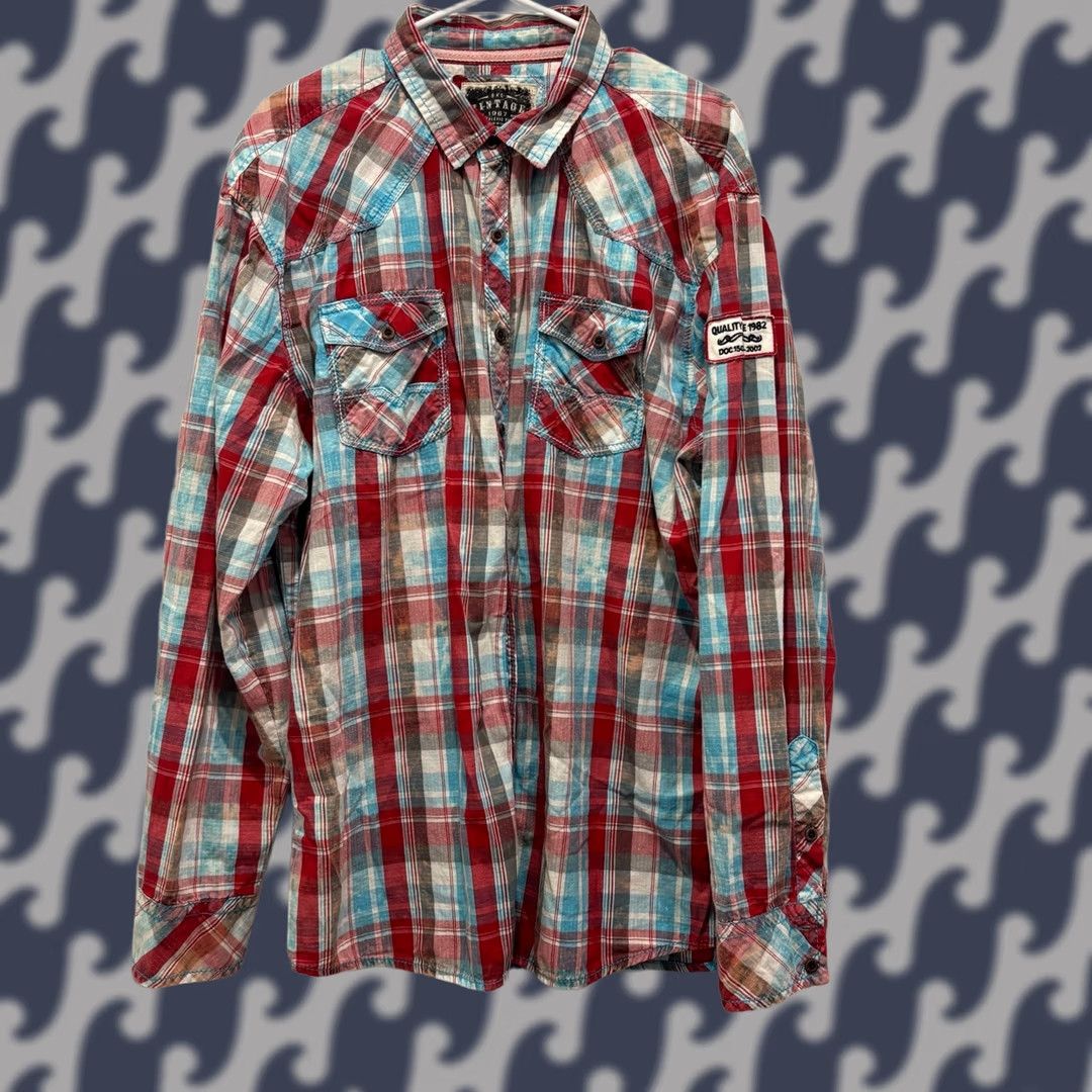 BKE BKE Mens XXL Athletic Fit Plaid Western Button Down Shirt Red Blue Patch Size US XXL / EU 58 / 5 - 1 Thumbnail